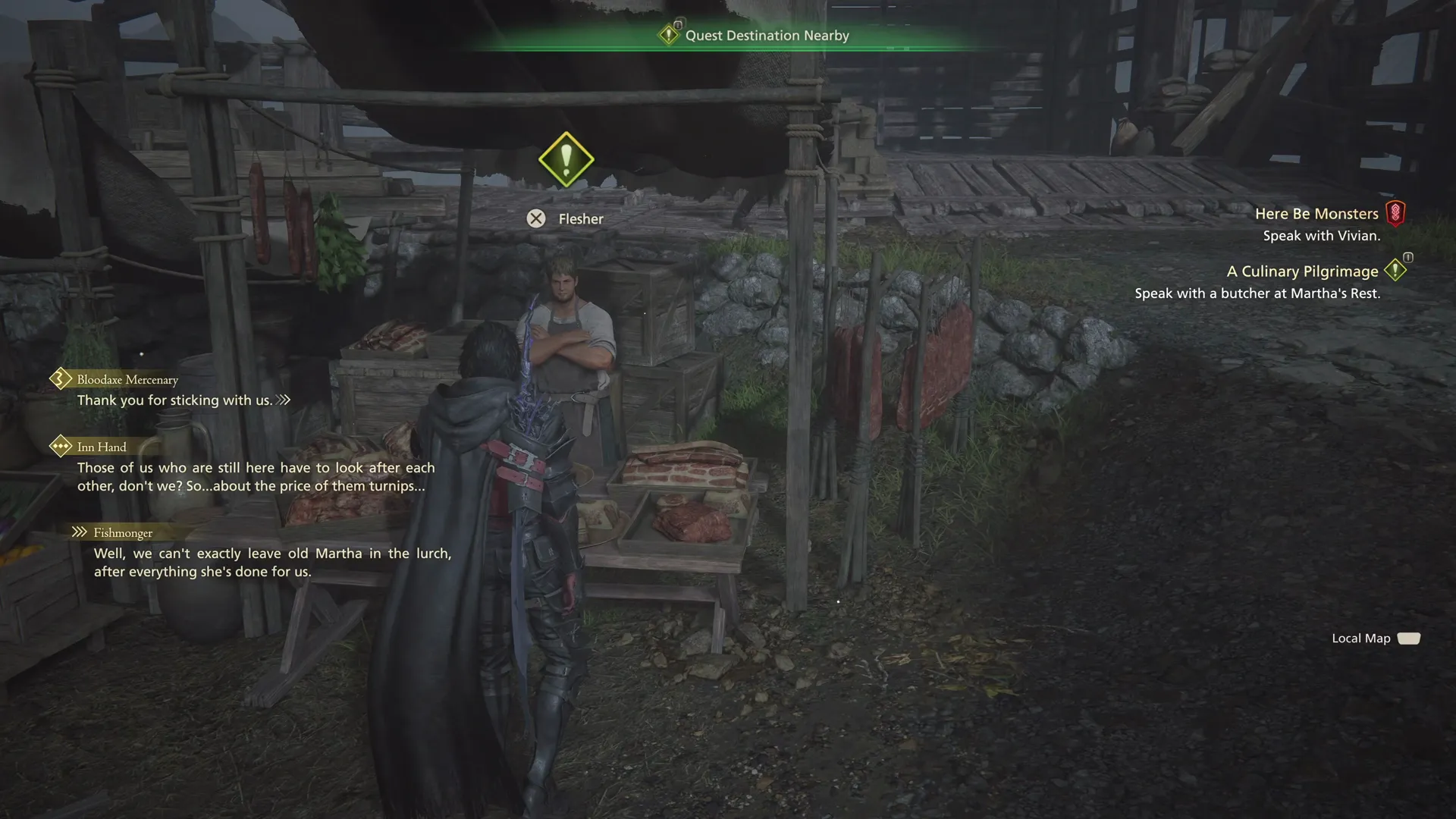 Approaching the Flesher at Martha’s Rest who has an Optional Quest objective marker above his head