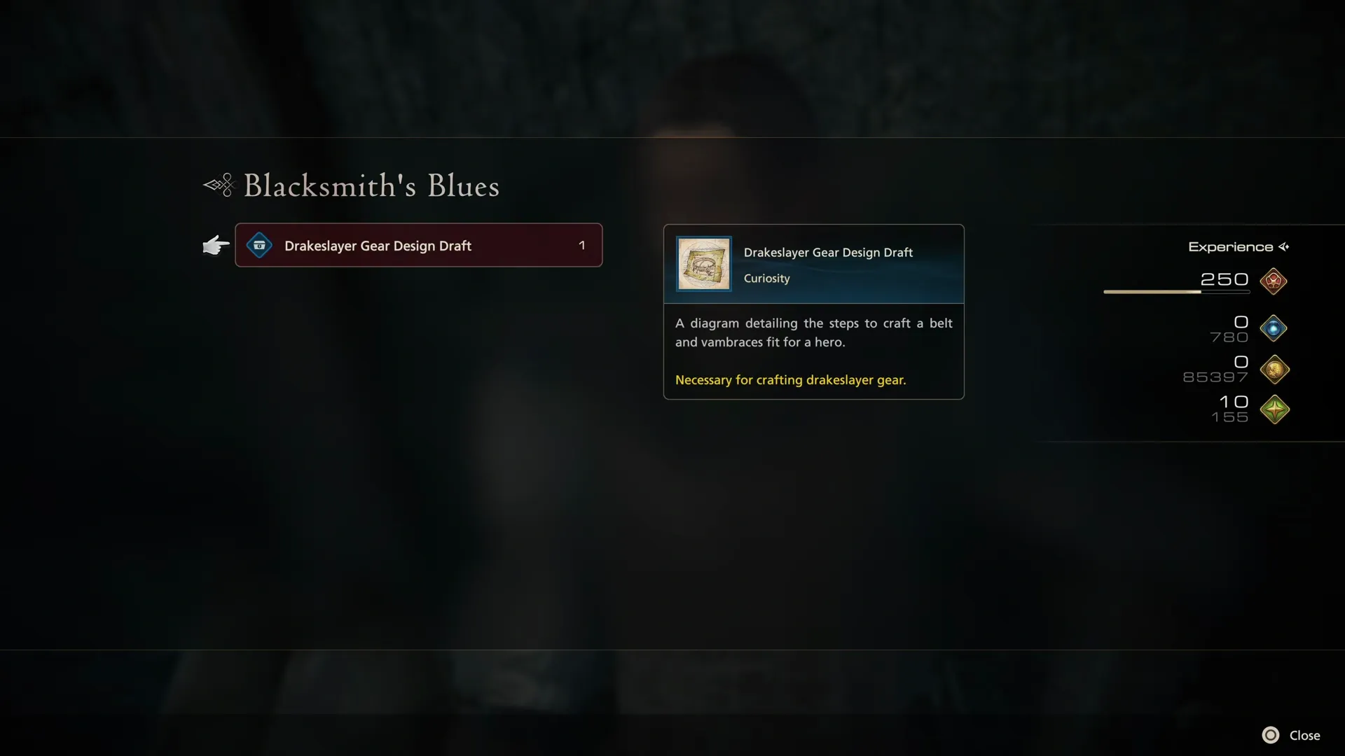 Receiving the Drakeslayer Gear Design Draft as a reward for completing Blacksmith’s Blues