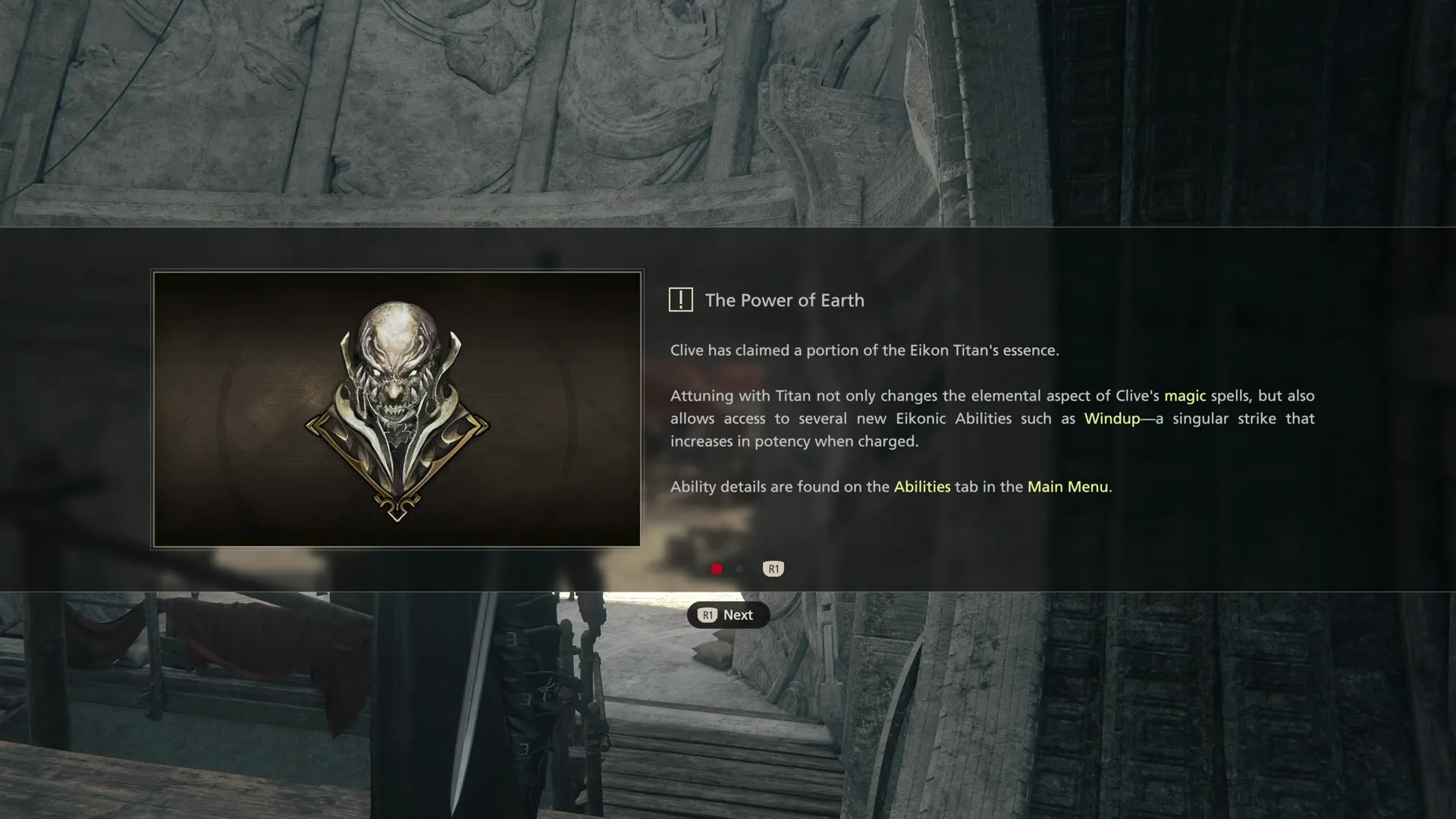 Tutorial Message explaining that Clive now has the Power of Earth from Titan’s essence