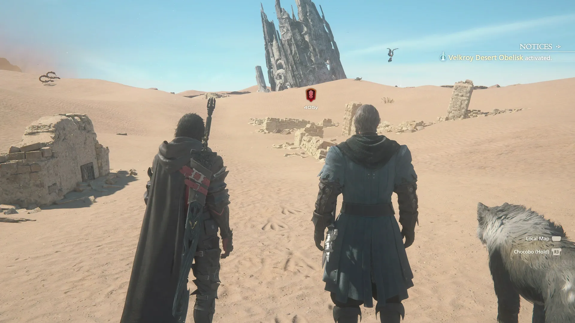 Clive and Byron reaching the Velkroy Desert and looking towards the Watcher