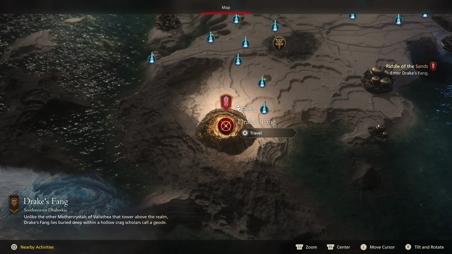 Selecting Drake’s Fang in southwestern Dhalmekia from the World Map