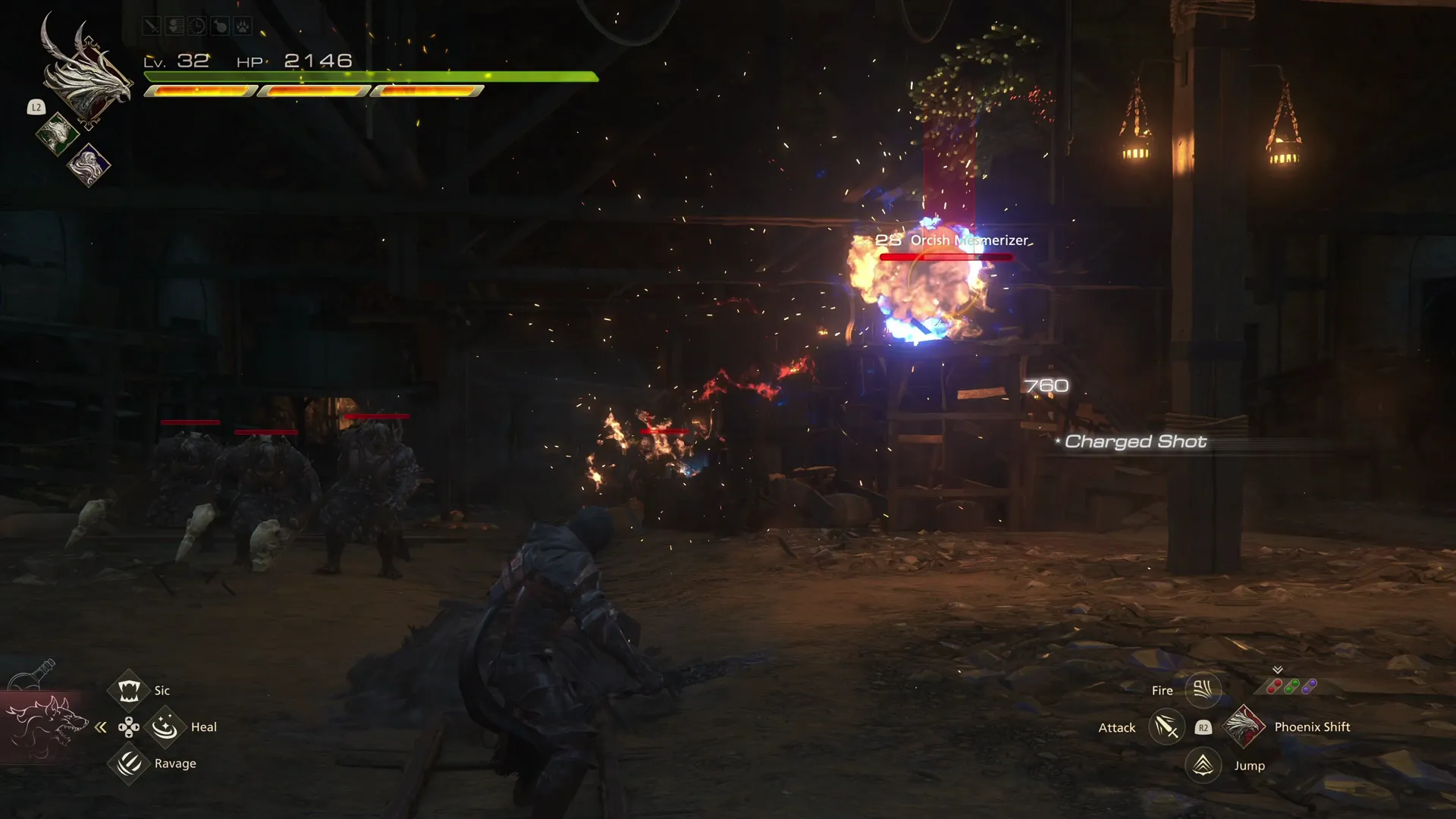 Knocking one of the orcs down from the upper levels with a Charged Fireball