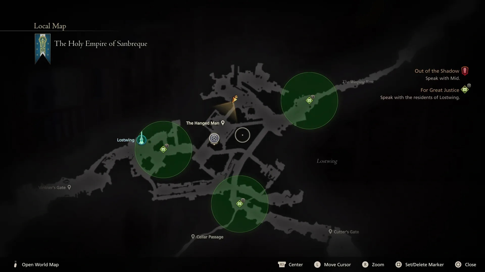 Map showing the location of the people you need to speak to that move the quest forward