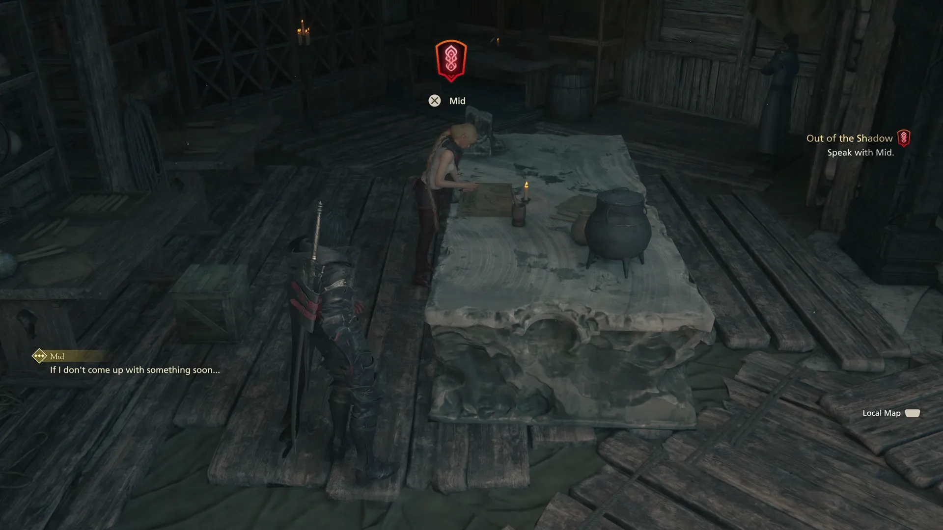 Mid in her dungeon with the Main Scenario Quest marker above her head