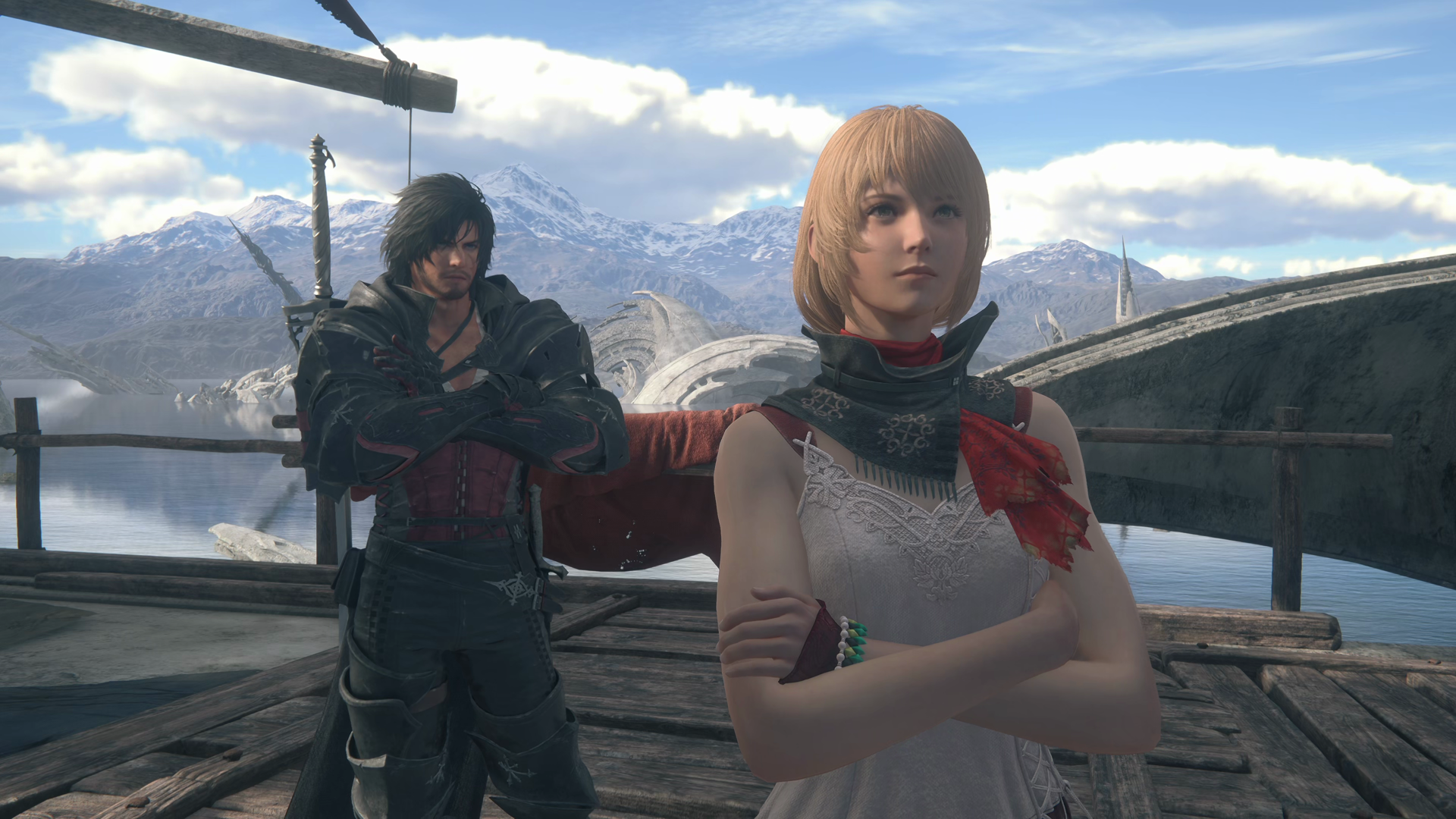 Clive and Mid speaking on the docks of the Hideaway