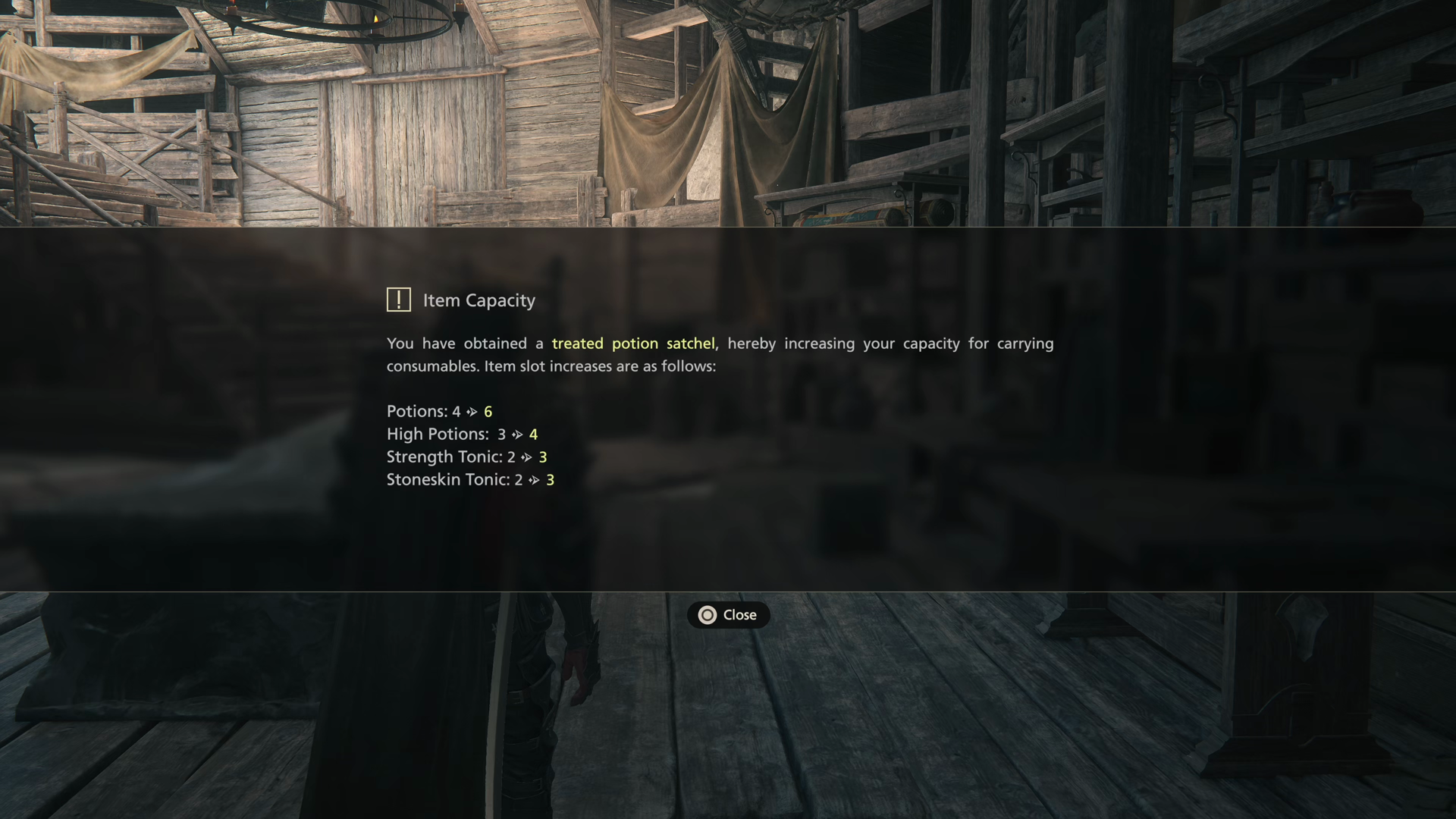 Tutorial message explaining that Clive’s item capacity has been increased