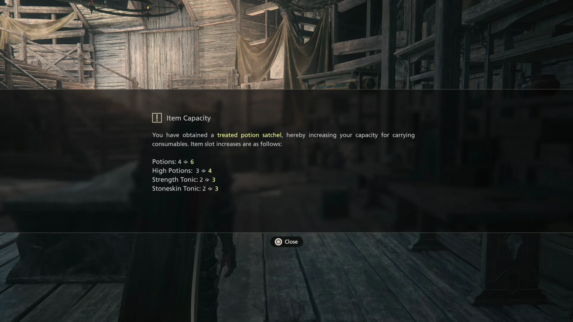 Tutorial message explaining that Clive’s item capacity has been increased