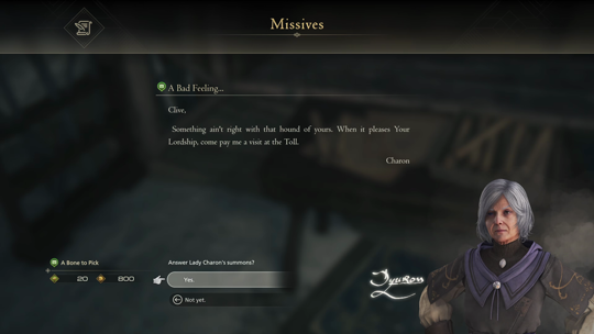 Accepting A Bone to Pick Optional Quest from the A Bad Feeling missive on Clive’s reading table