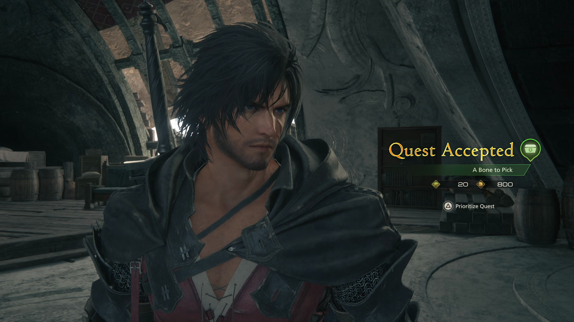 Clive accepting the A Bone to Pick quest from the Reading Table in his chambers