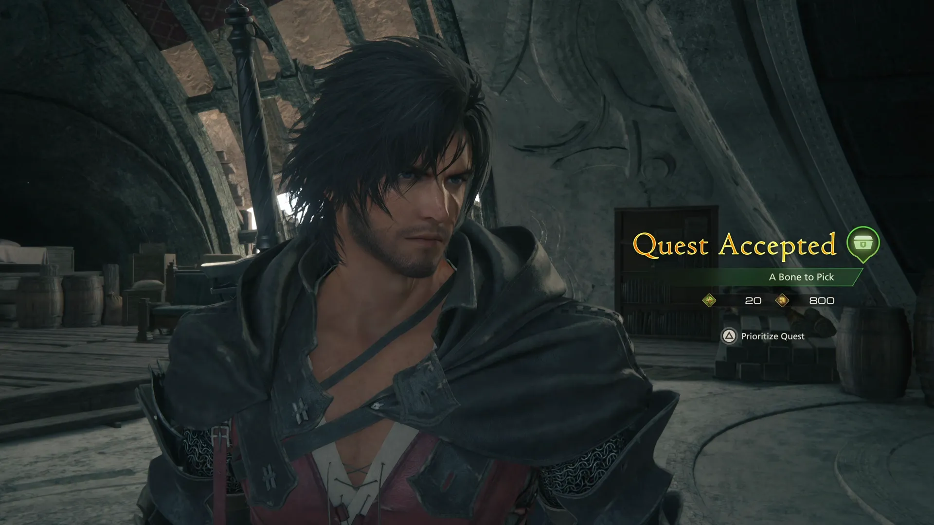 Clive accepting the A Bone to Pick quest from the Reading Table in his chambers