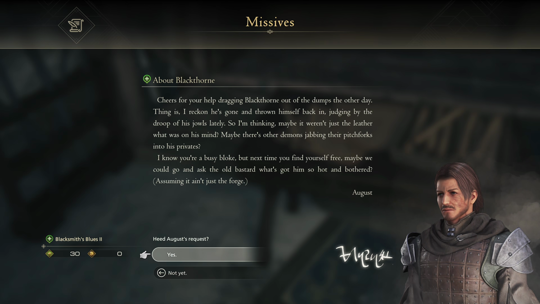 Accepting the Blacksmith’s Blues II Optional Quest from the About Blackthorne missive at Clive’s reading table