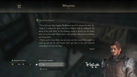 Reading the About Blackthorne missive to accept the Blacksmith’s Blues II optional quest