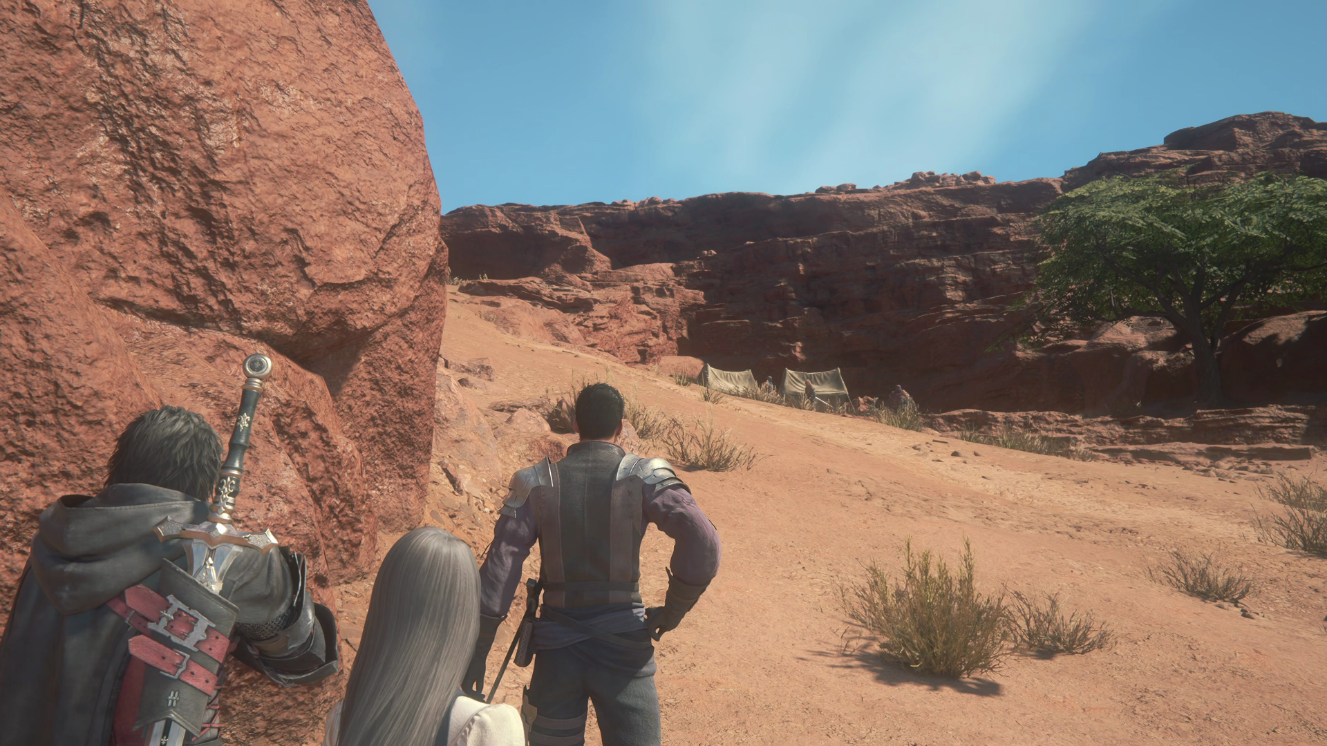 Clive, Jill, and Theodore looking on towards an encampment of enemies