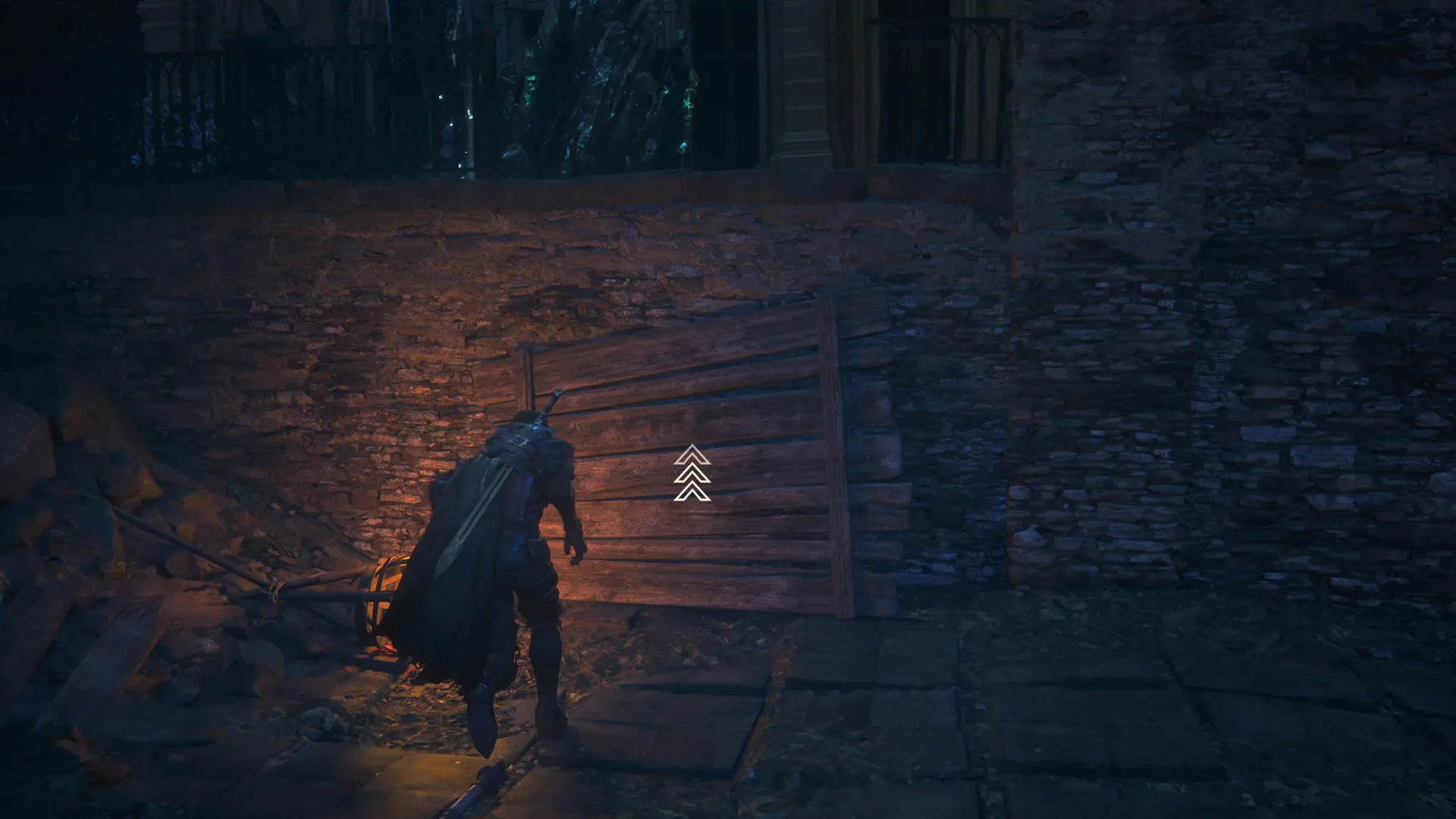 Climbing up one of the palettes to get up to the second level