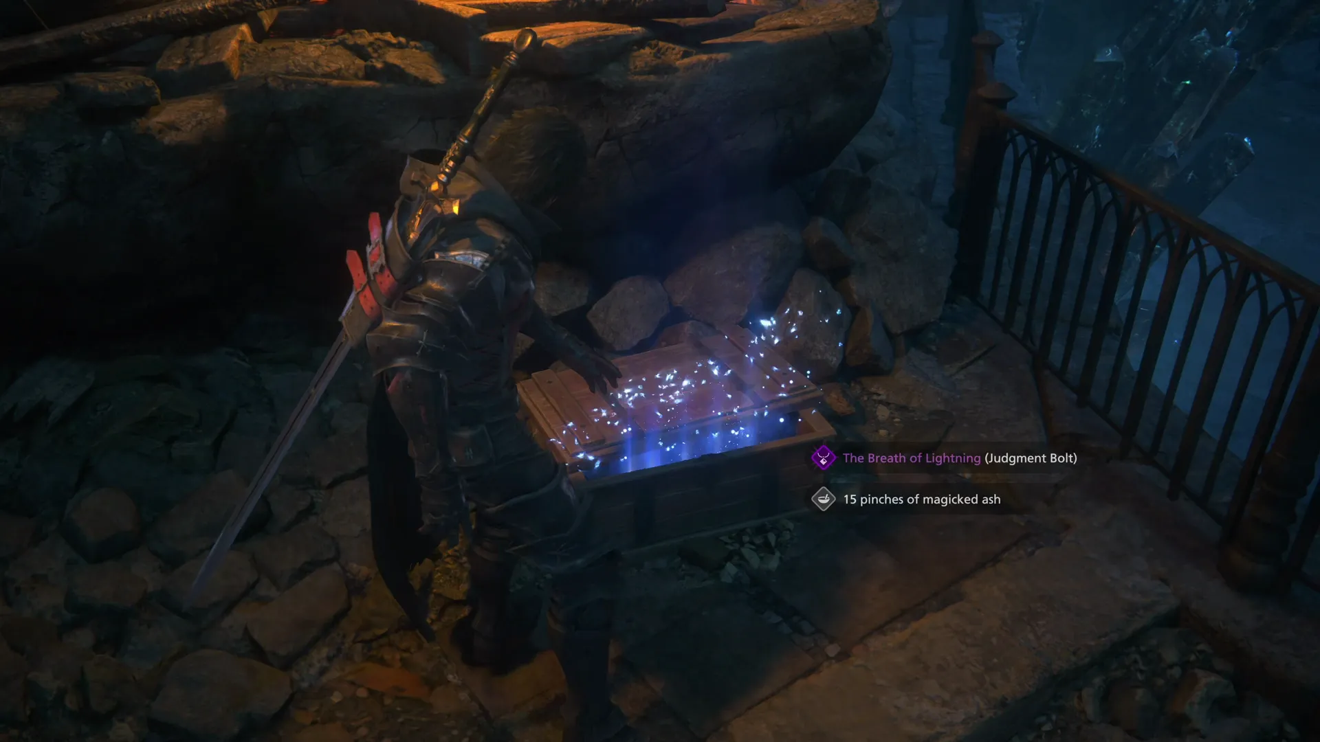 Opening the treasure coffer that contains the Breath of Lightning (Judgment Bolt) and Magicked Ash