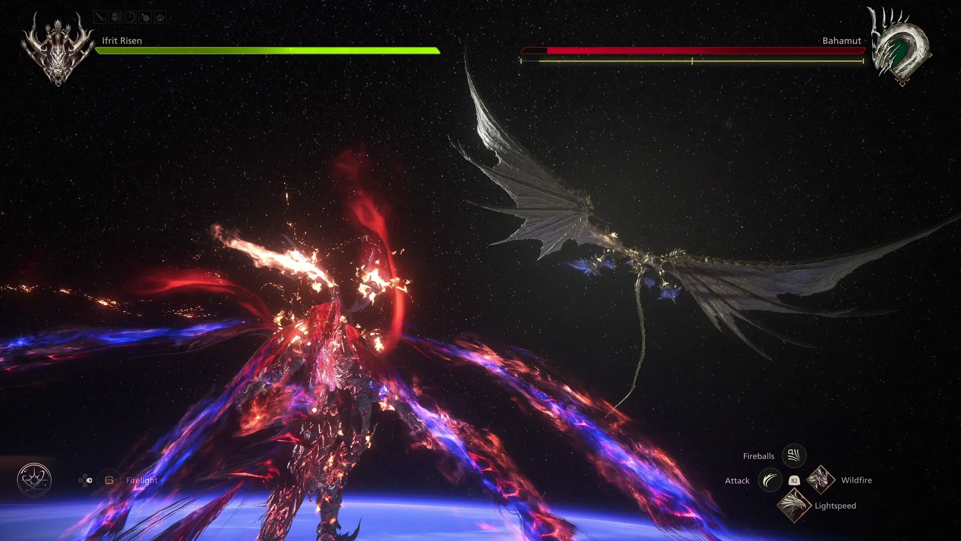 Opening of phase 4 of the battle between Ifrit Risen and Bahamut in outerspace