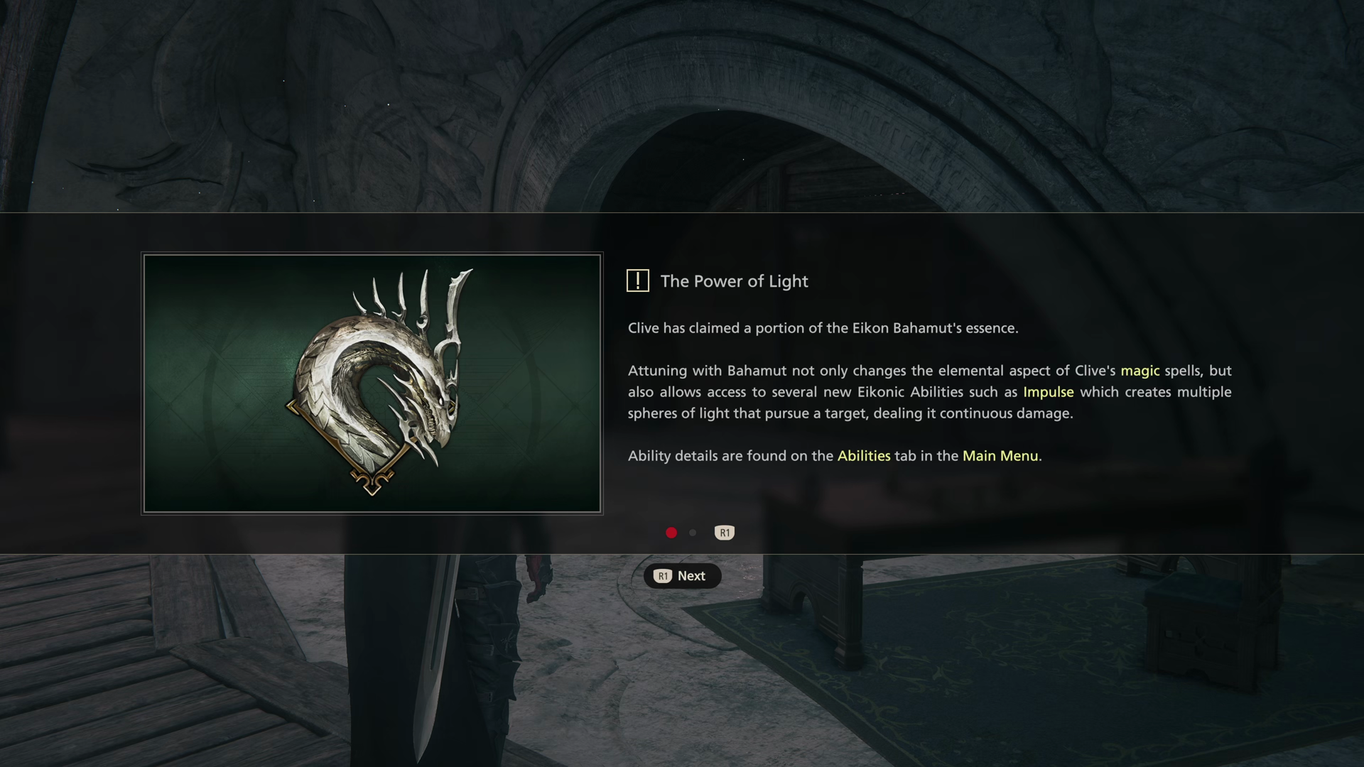 Tutorial message explaining the Clive now has access to the Power of Light through Bahamut’s essence