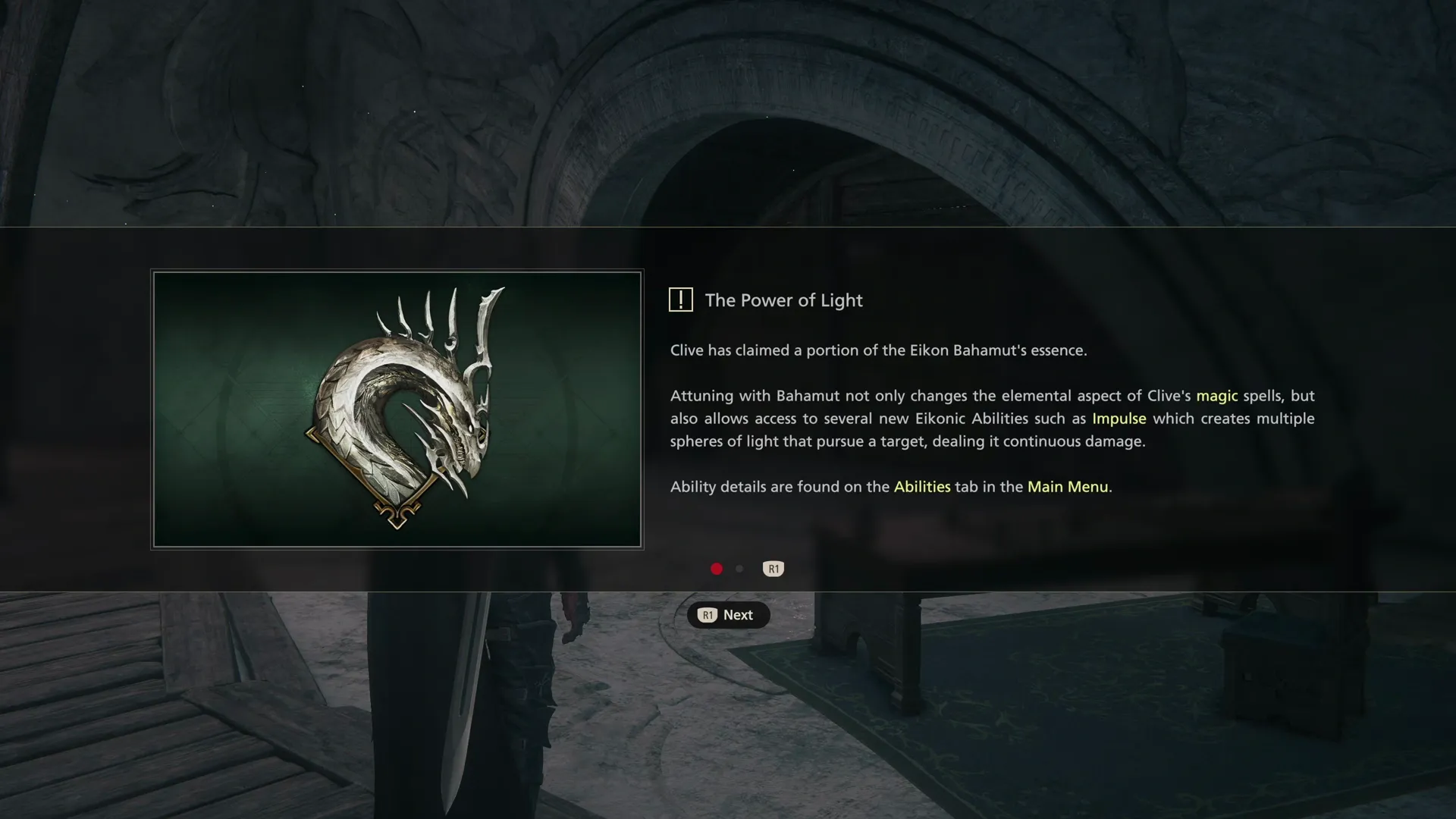 Tutorial message explaining that Clive now has the Power of Light through Bahamut’s essence