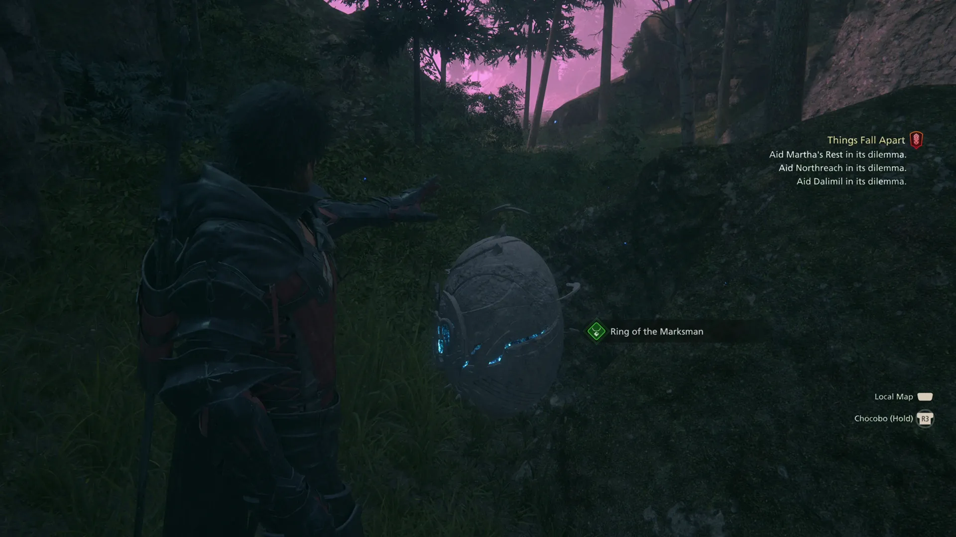 Opening the treasure coffer along the Mornebrume pathway to obtain a Ring of the Marksman