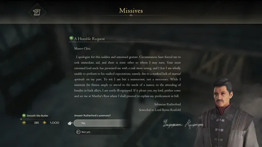 Accepting the Smooth like Butler Optional Quest from the A Humble Request missive at Clive’s reading table