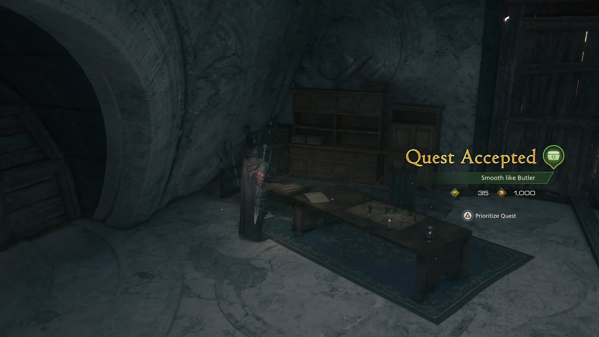 Accepting the Smooth like Butler Optional Quest from A Humble Request missive at Clive’s reading table