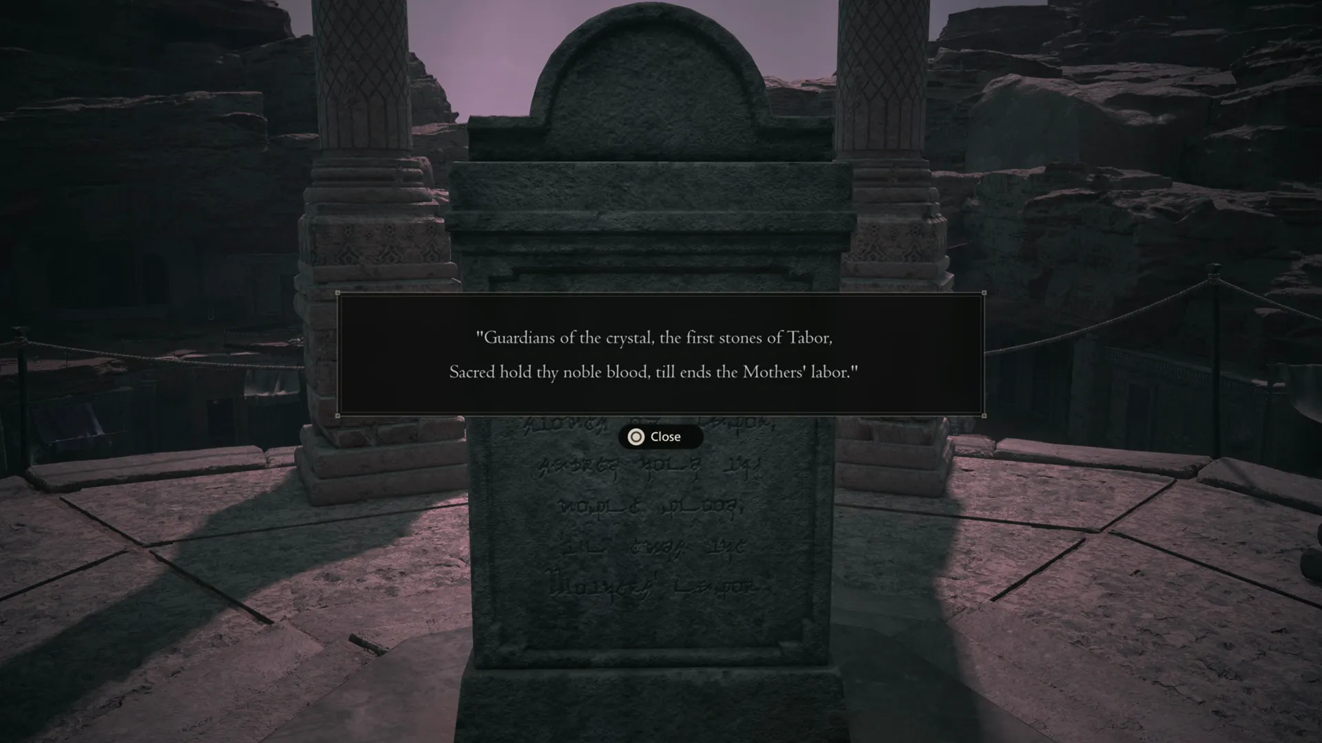 Examining one of the stone tablets on the upper levels of Tabor