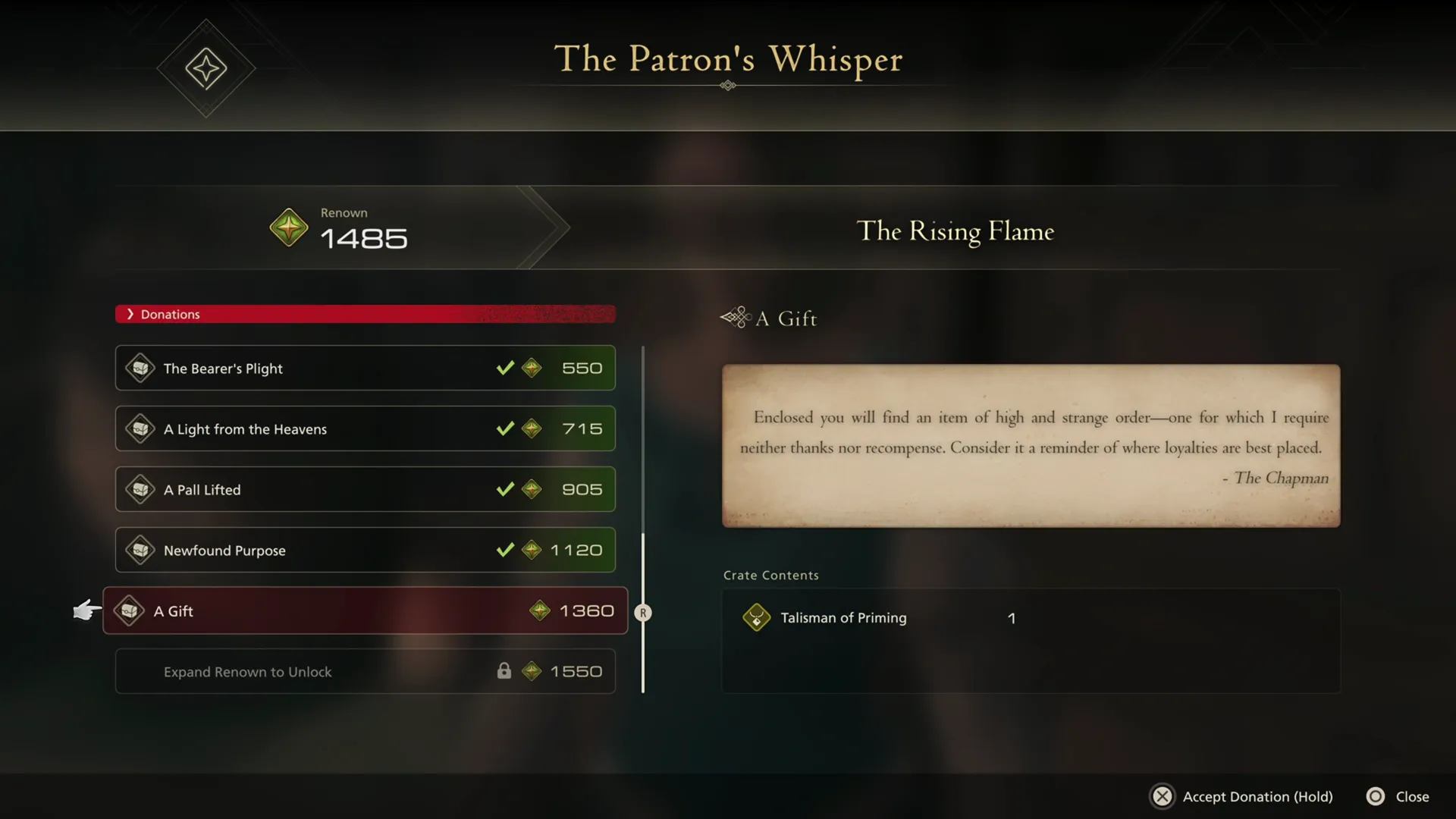 Receiving the Talisman of Priming accessory from the Patron’s Whisper