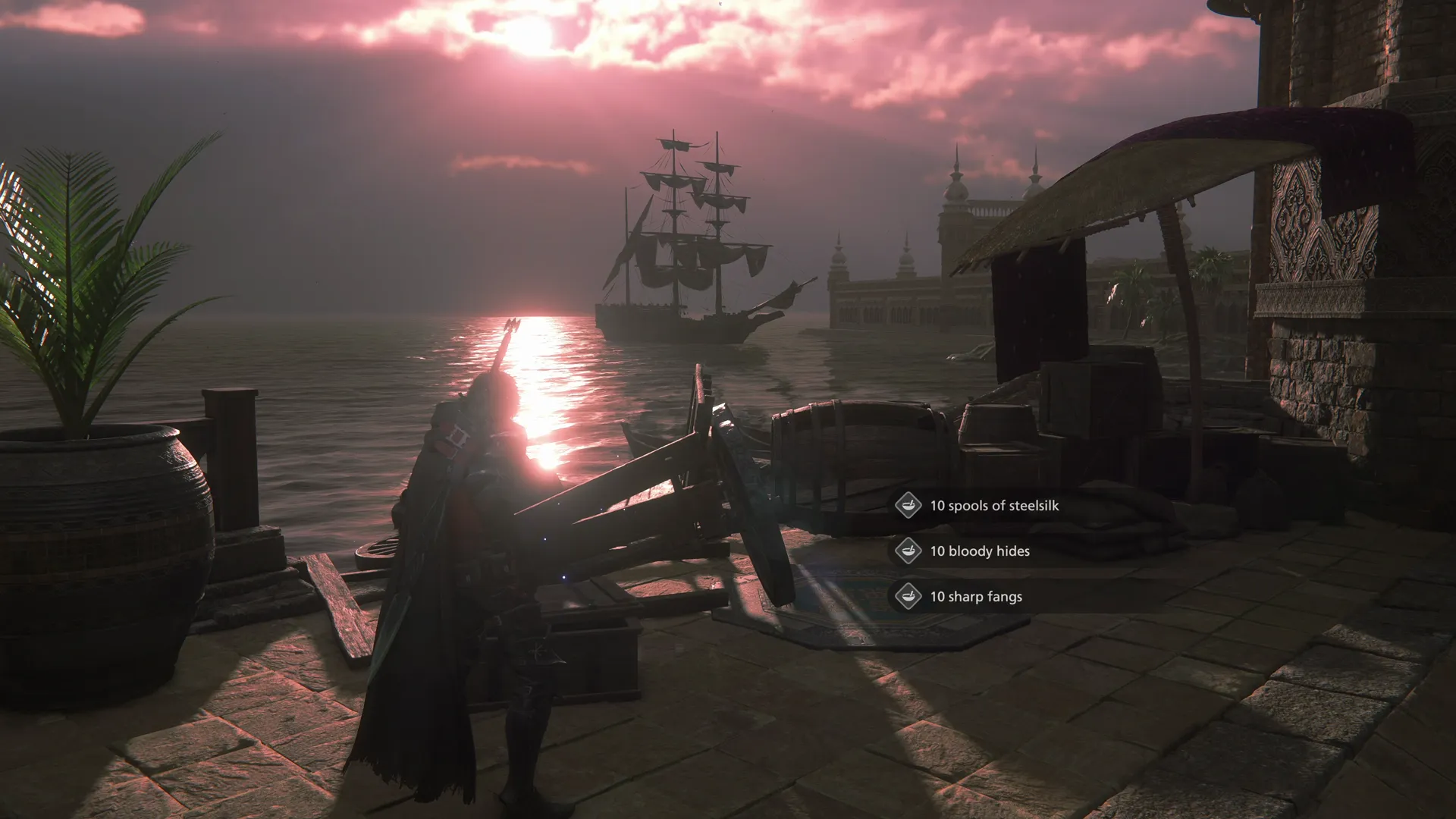 Opening a treasure coffer that contains Steelsilk, Bloody Hides, and Sharp Fangs