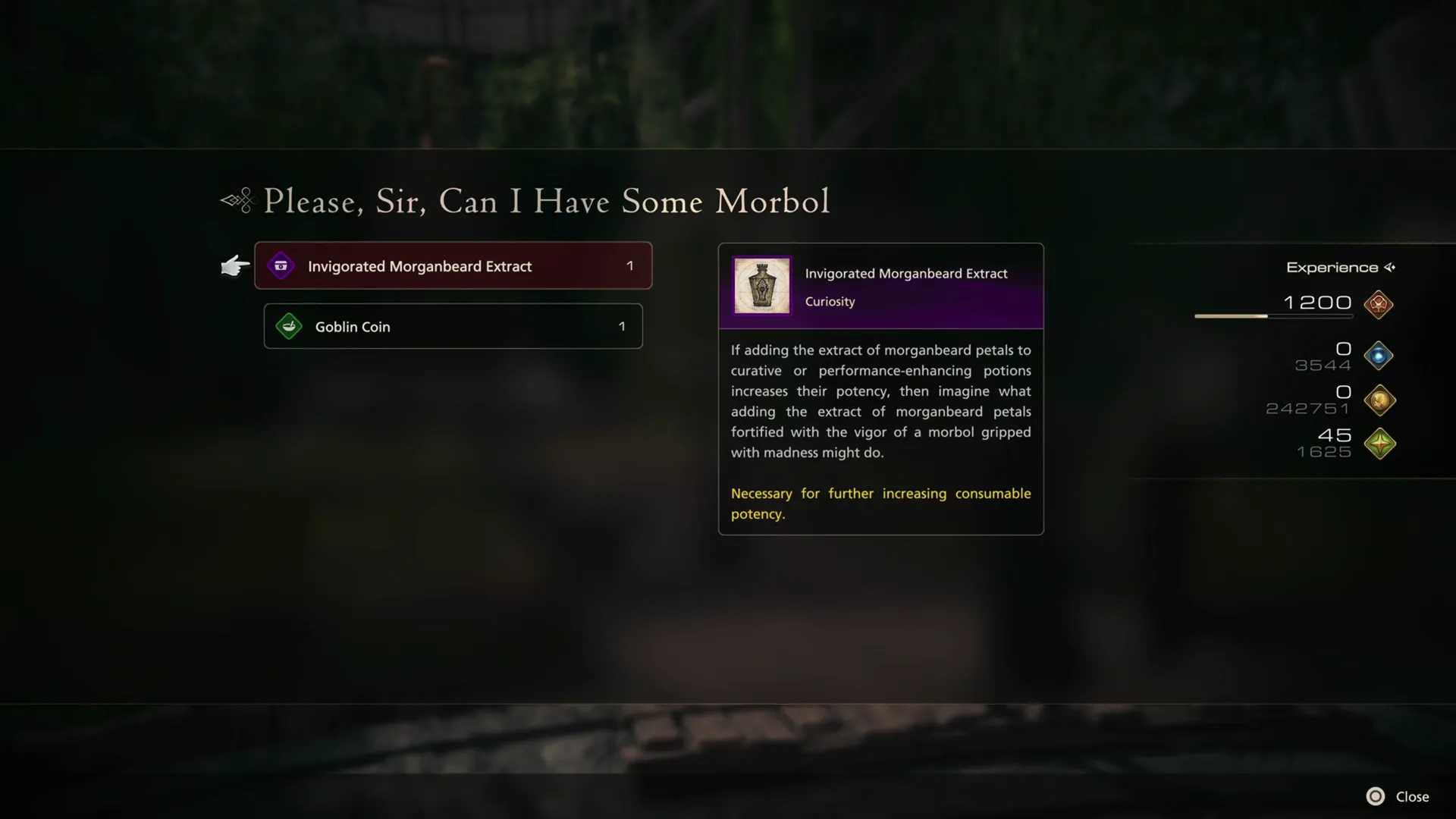 Receiving the Invigorated Morganbeard Extract as a reward for completing the quest