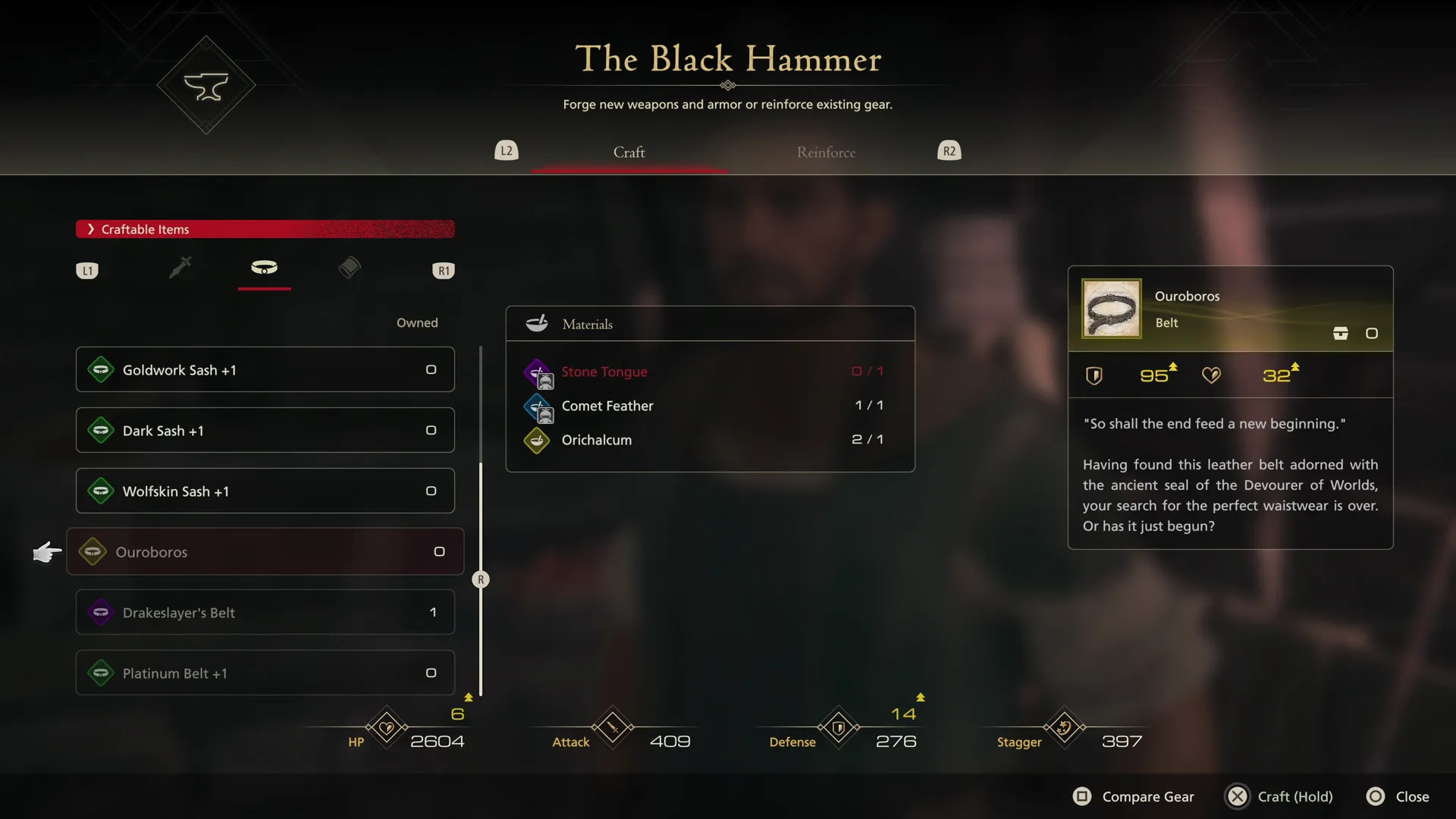 Black Hammer screen showing the materials required to craft Ouroboros