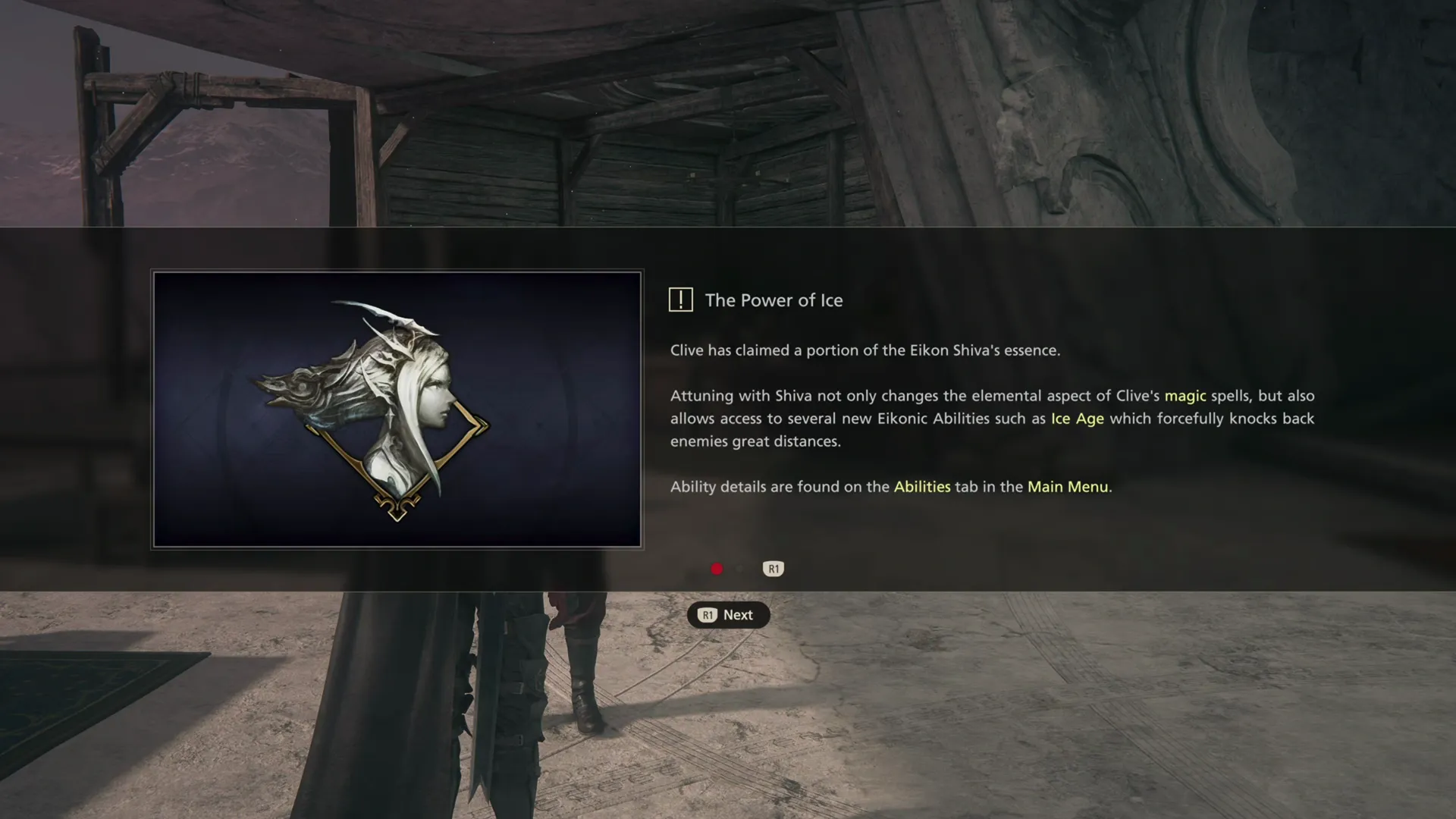 Tutorial message explaining that Clive now has access to the Power of Ice through Shiva’s essence