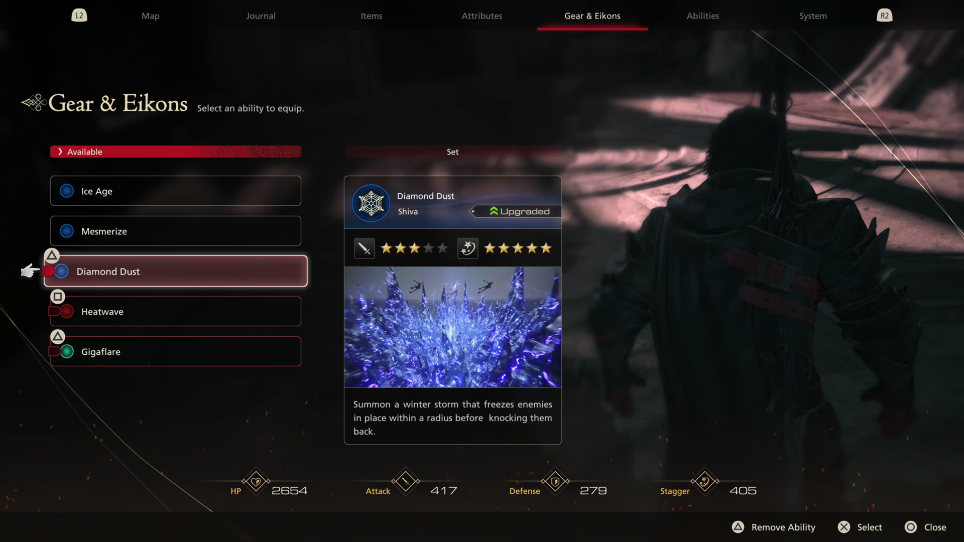 Selecting the Diamond Dust ability on the Gear & Eikons page in the menu screen