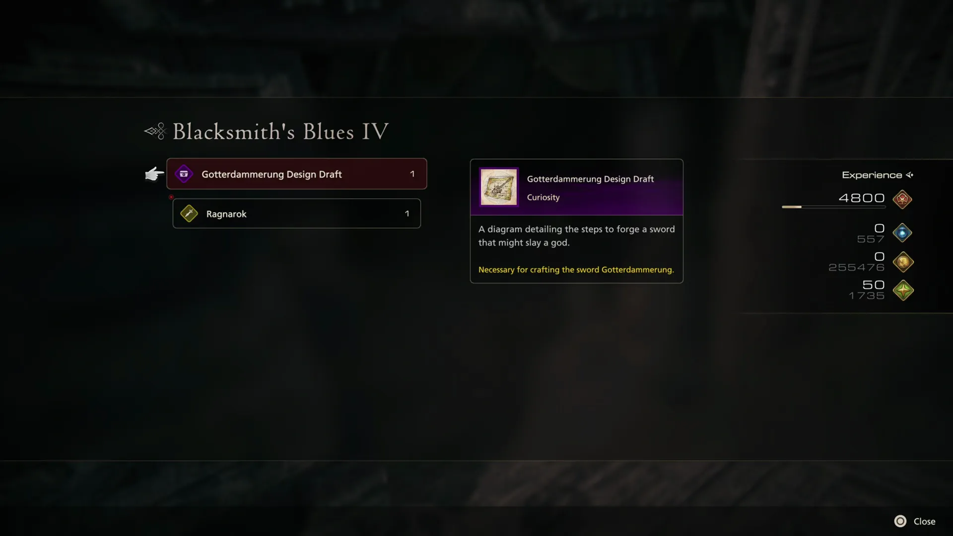 Rewards for completing the Blacksmith’s Blues IV which include Gotterdammerung Design Draft and the Ragnarok