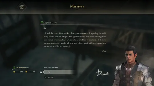 Accepting the Self-Determination Optional Quest from the Captain Dorys missive at Clive’s reading table