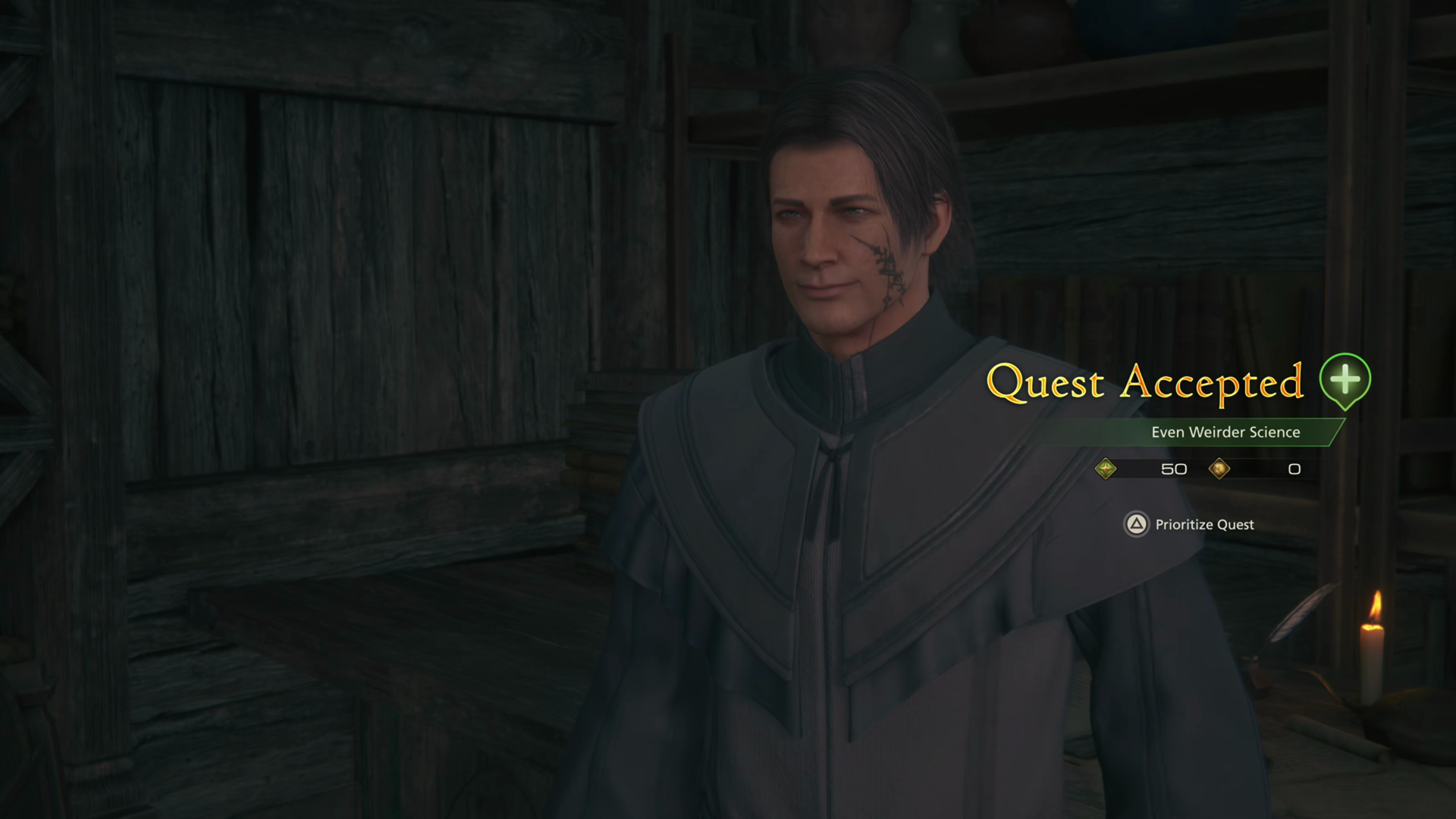 Accepting the Even Weirder Science Optional Quest from Owain in Mid’s Dungeon