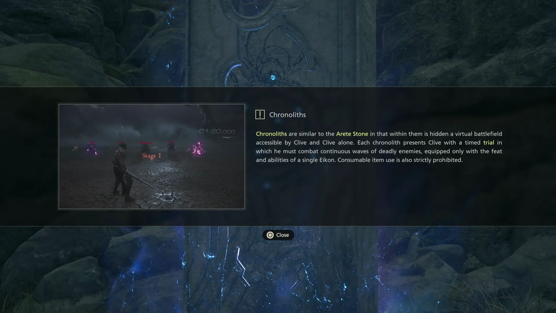 Tutorial message explaining how the Chronolith Trials works