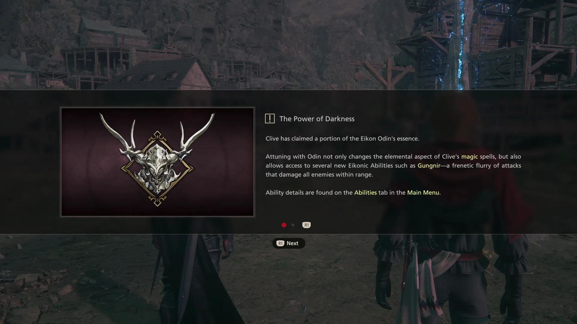 Tutorial message explaining that Clive now has access to the Power of Darkness through Odin’s essence