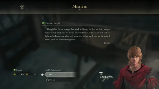 Reading the Concern for Jill Missive to accept the Priceless Optional Quest