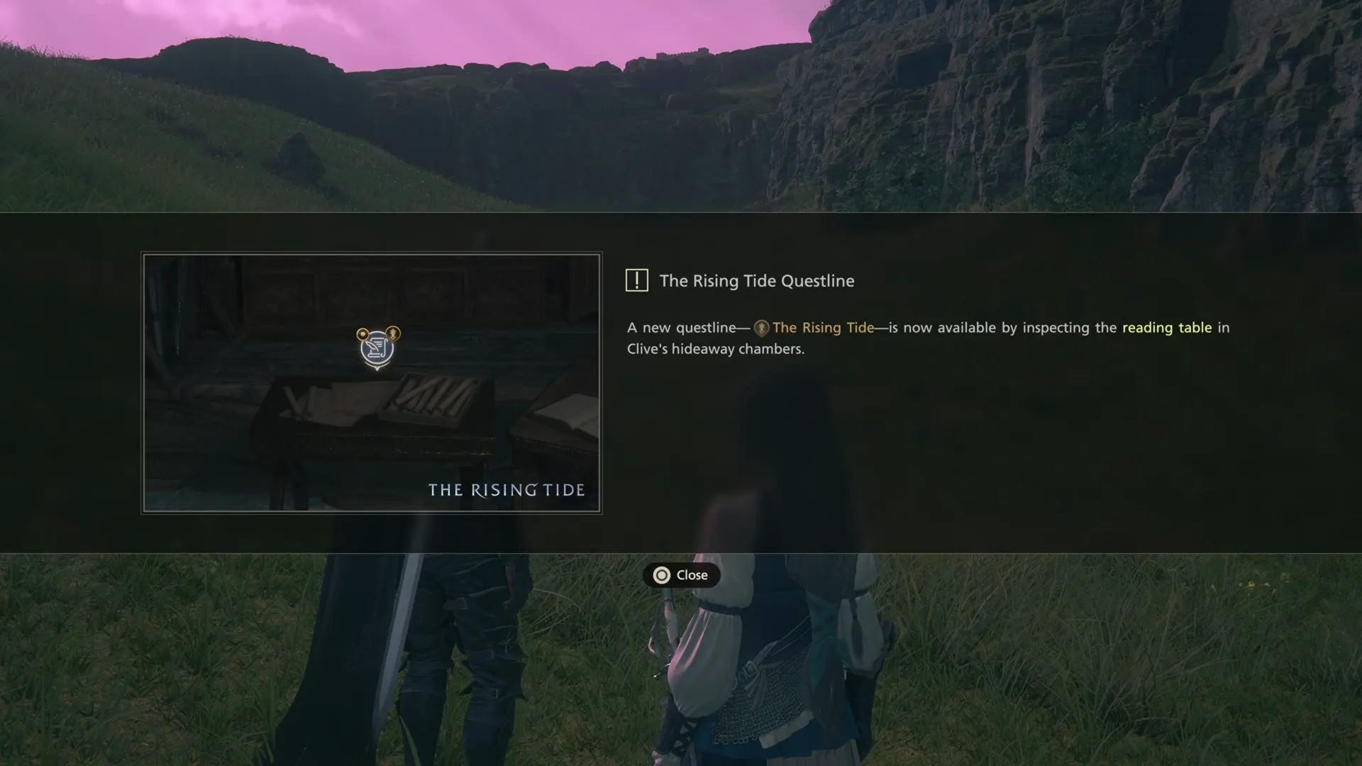 Tutorial message explaining that the Rising Tide DLC Expansion quest is now available