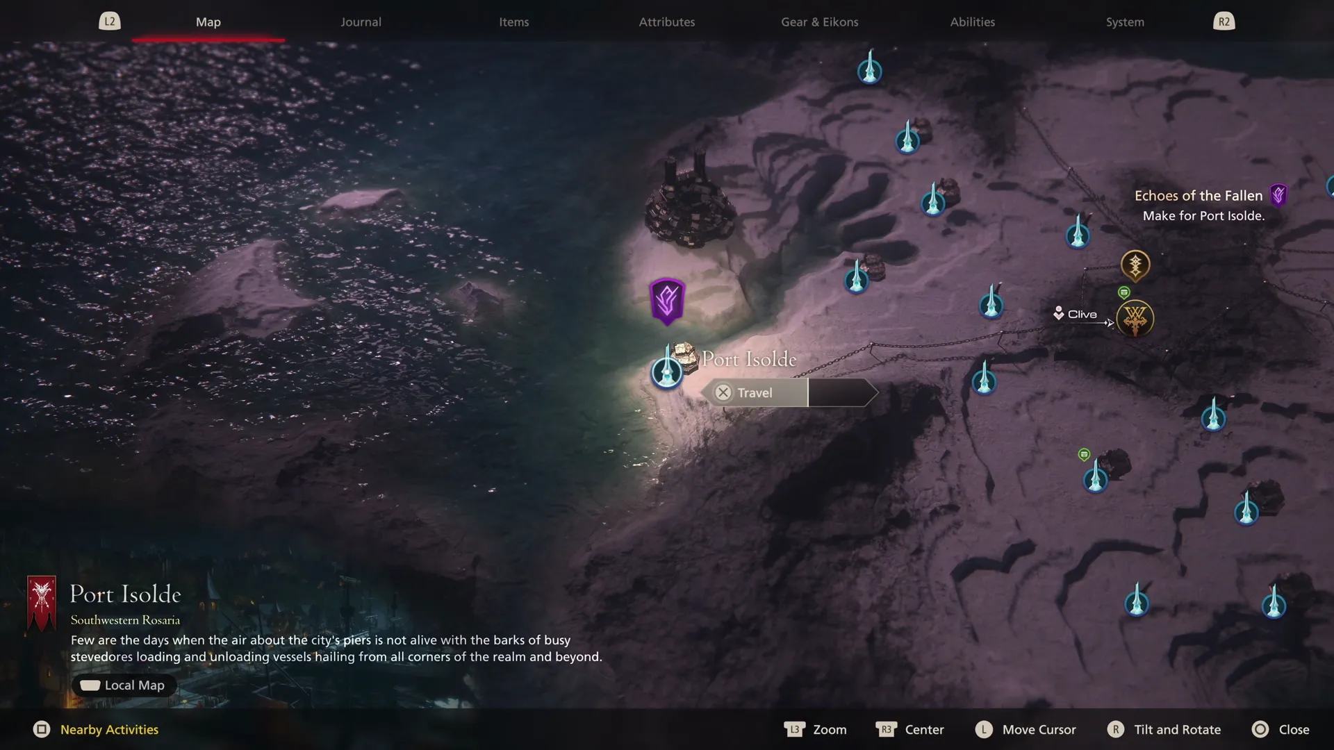 World Map tab hovering over the Port Isolde Obelisk