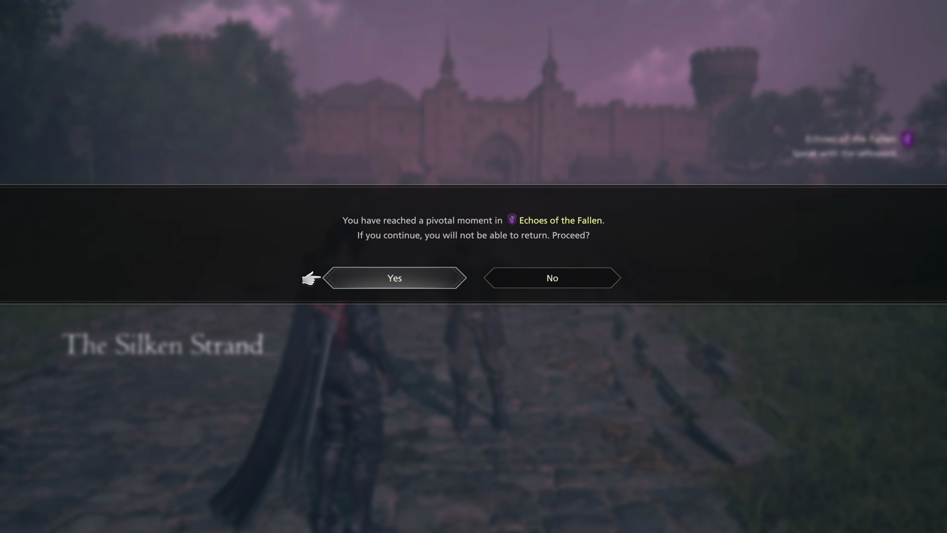 Message indicating that you’ve reached a pivotal moment in the Echoes of the Fallen quest