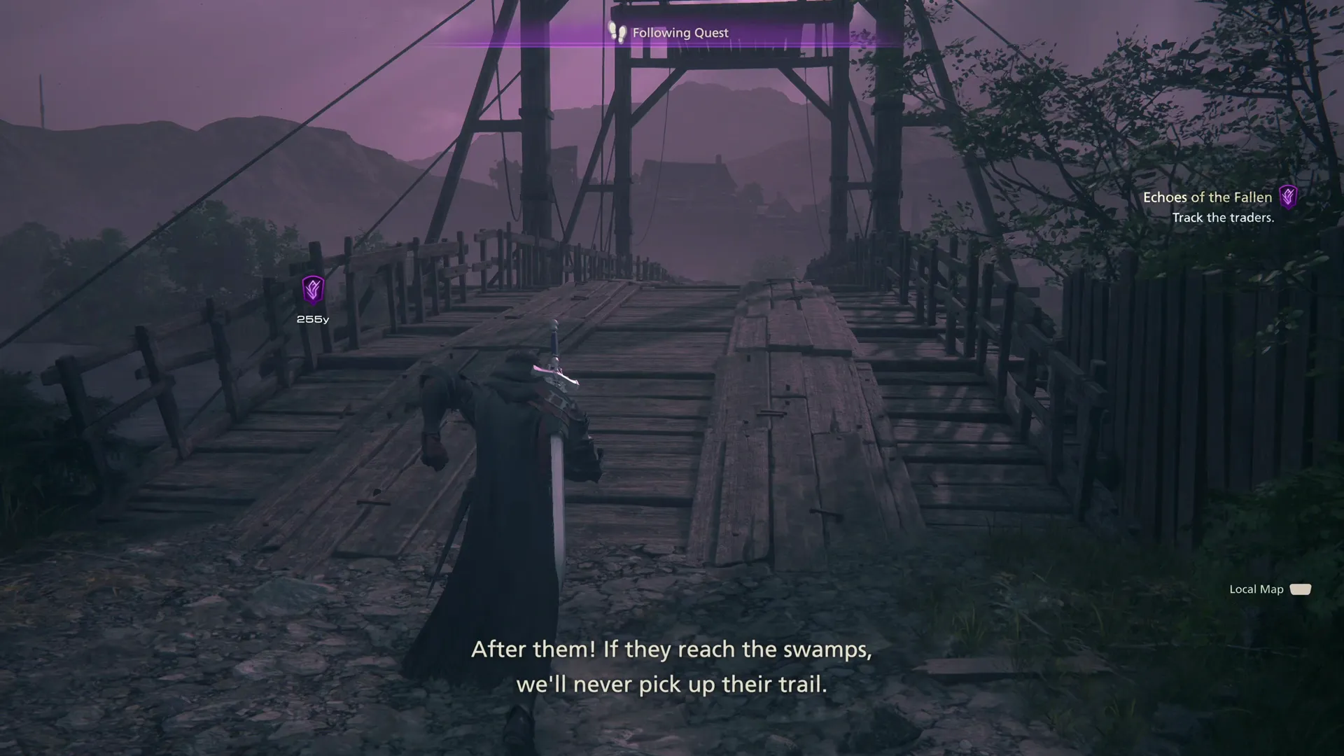 Clive crossing the bridge through Sorrowise chasing the thieves