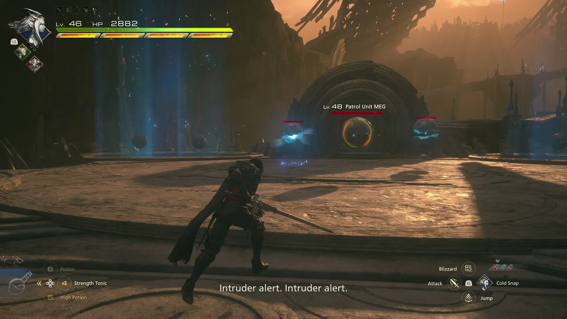 Approaching the group of Patrol Unit MEGs as the first group of enemies in the Sagespire