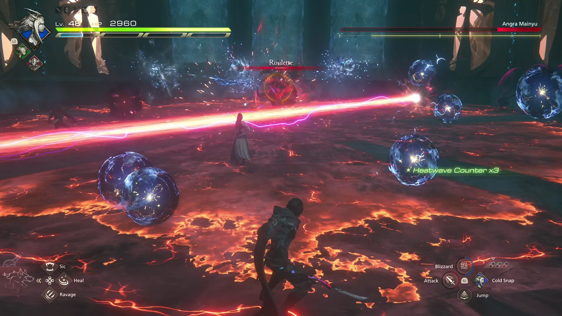 Angra Mainyu using its Roulette attack with lasers, beams, and a lava floor