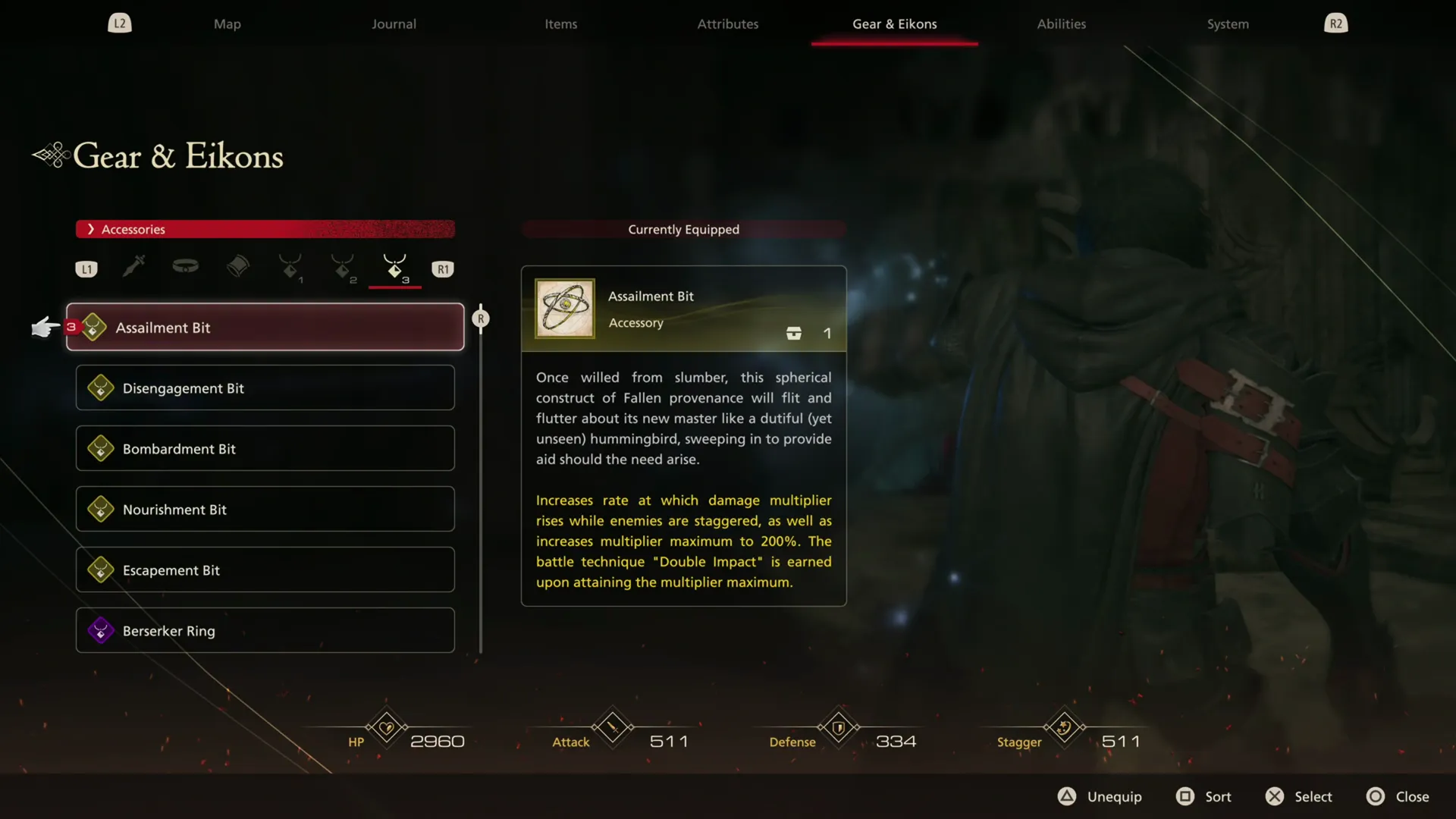 Choosing to equip the Assailment Bit accessory in the Gear and Eikons tab of the menu screen