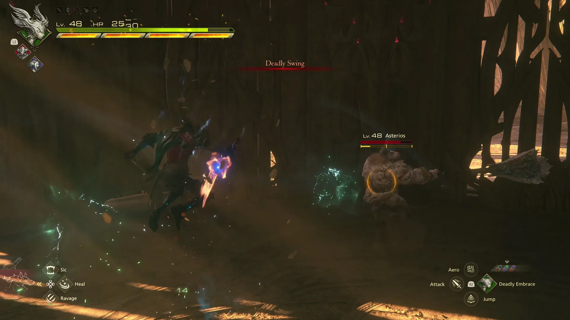 Battling against Asterios while it uses the Deadly Swing attack