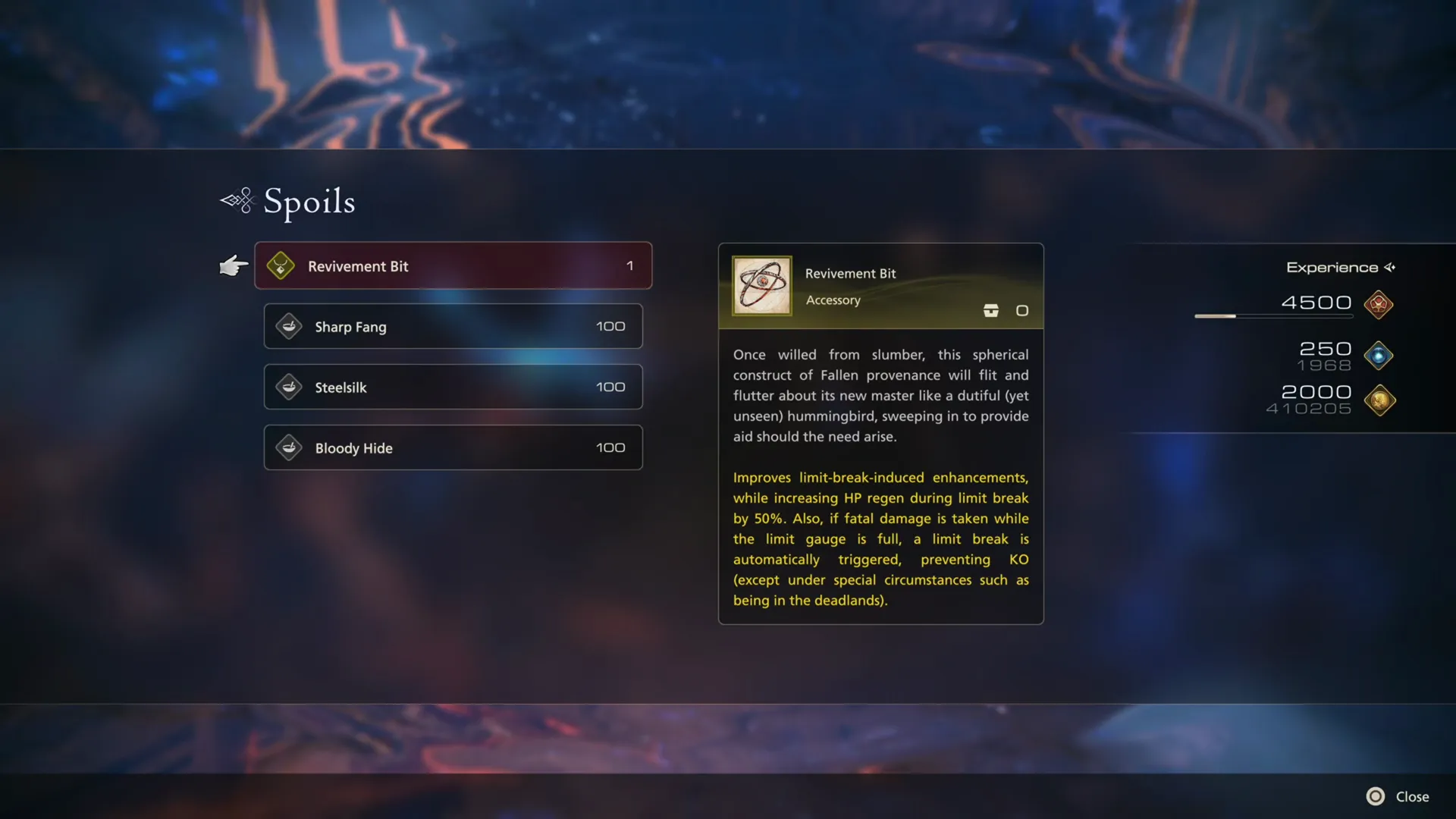 Receiving the Revivement Bit as a spoil for defeating Asterios