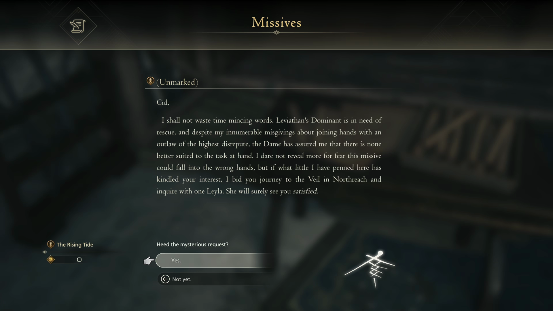 Reading the Missive at the Reading Table that contains the (Unmarked) one which triggers the Rising Tide DLC