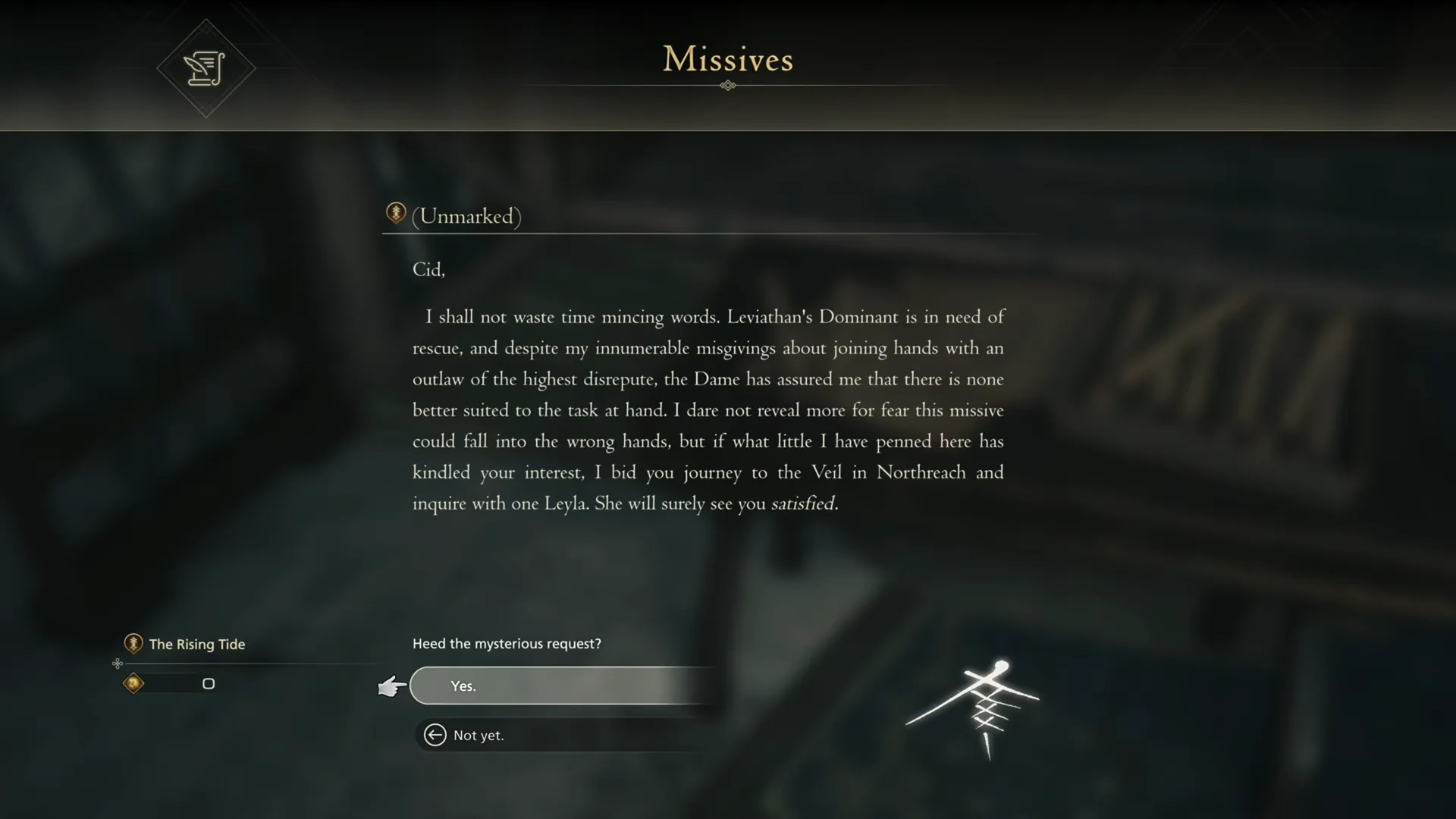 Reading the Missive at the Reading Table that contains the (Unmarked) one which triggers the Rising Tide DLC