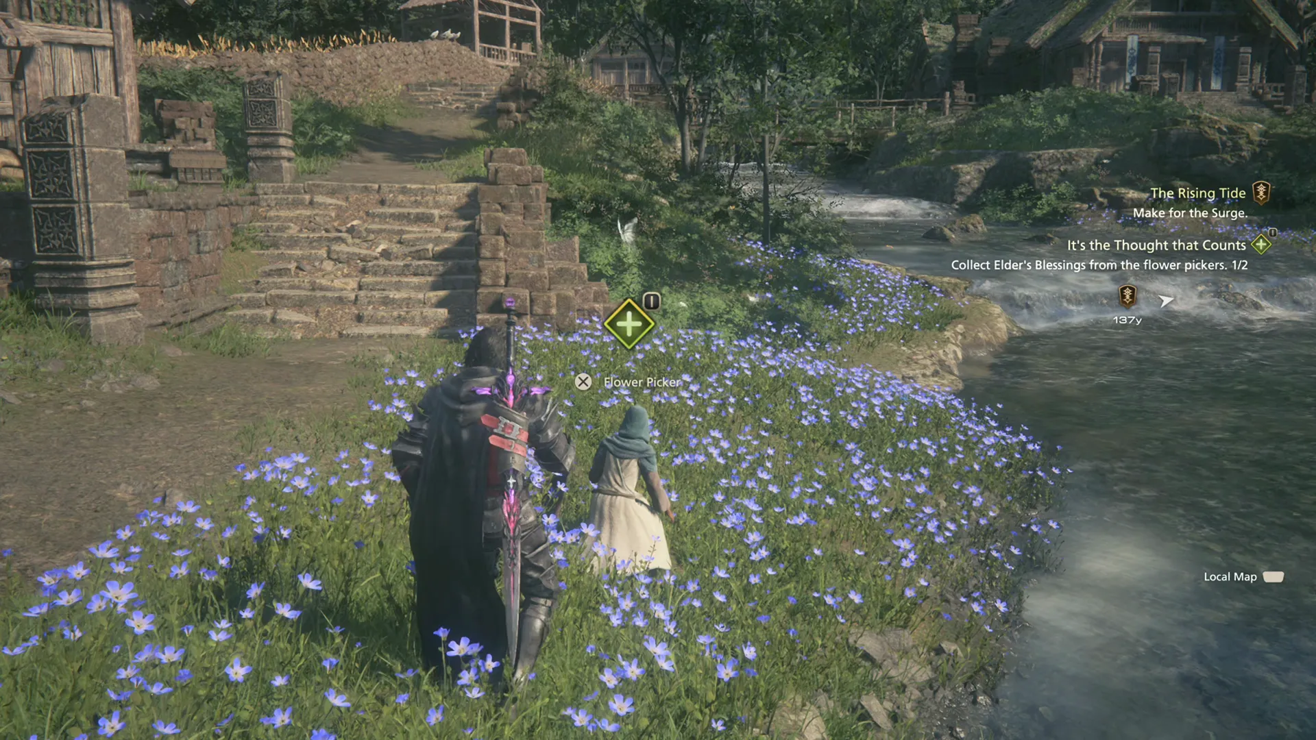 Speaking to one of the flower pickers near the pond in the center of Haven